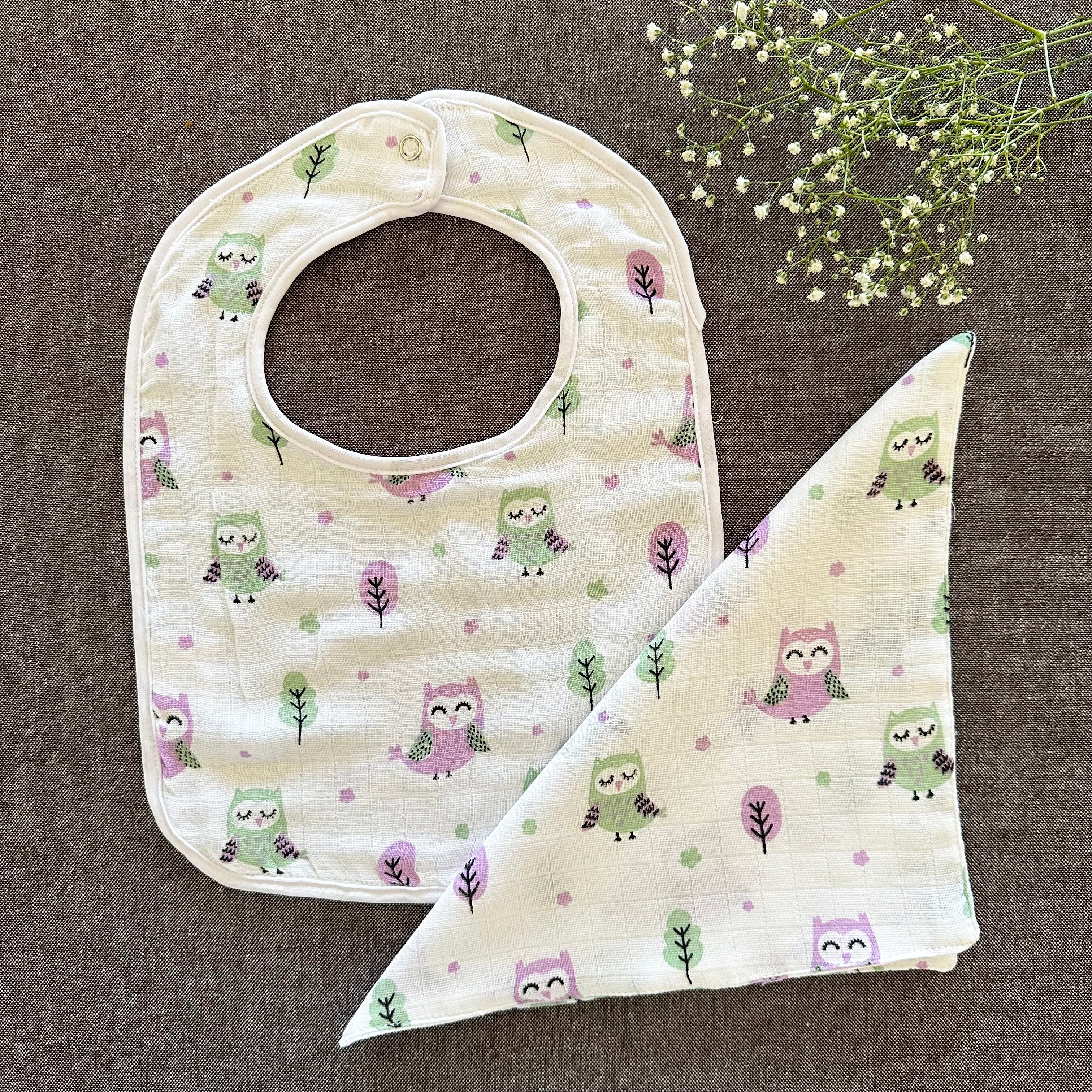 Bamboo Muslin Baby Bib and Wash Cloth Set - Owl Print (Set of 2) - Oranges and Lemons