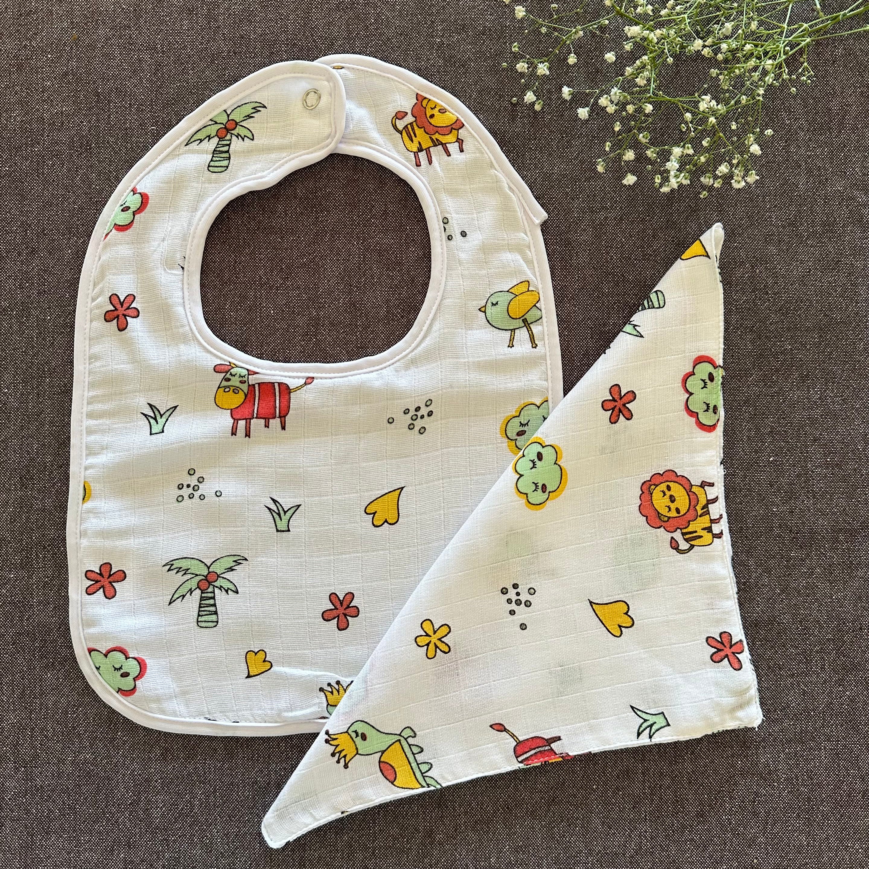Bamboo Muslin Baby Bib and Wash Cloth Set - Animal Print (Set of 2) - Oranges and Lemons