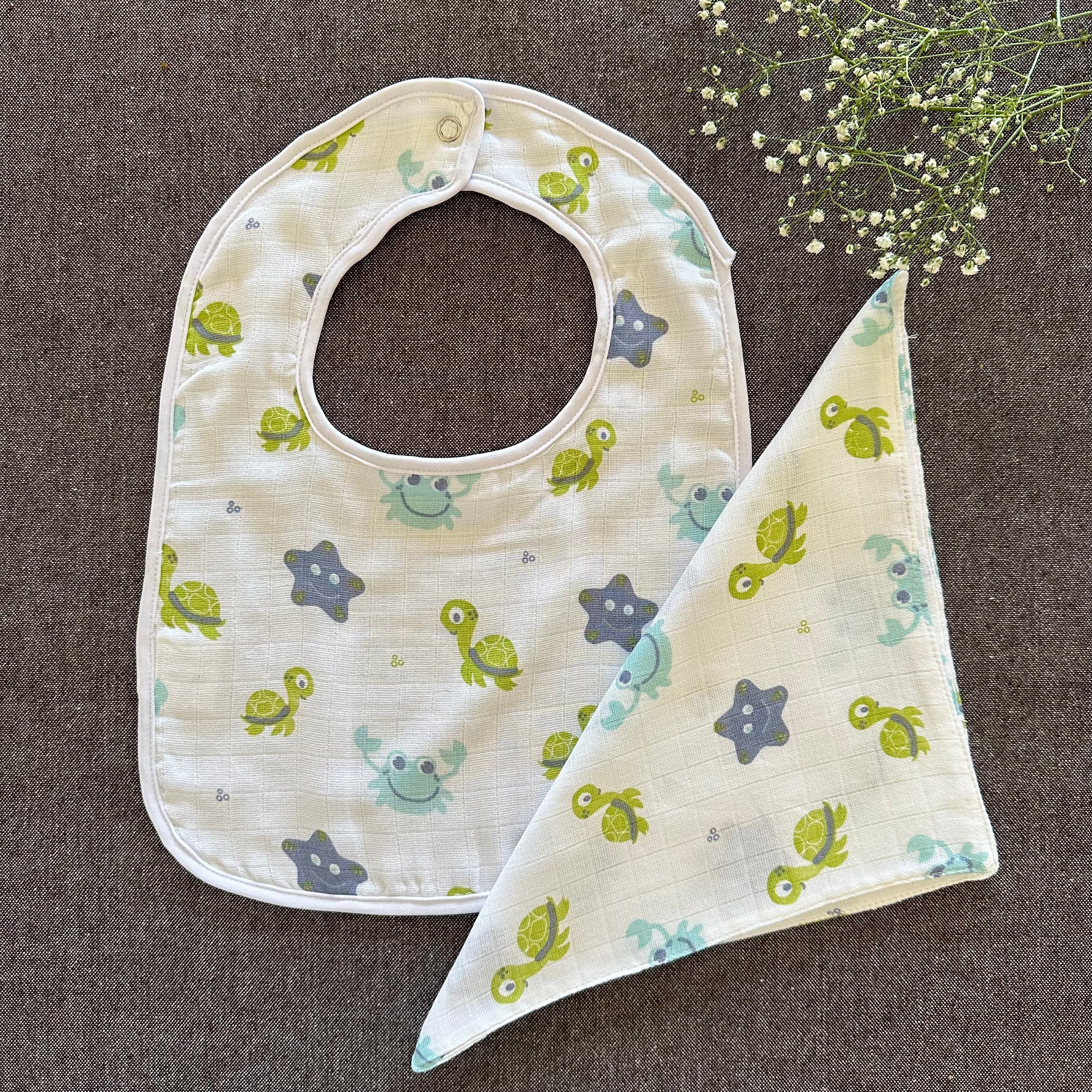 Bamboo Muslin Baby Bib and Wash Cloth Set - Turtle Print (Set of 2) - Oranges and Lemons