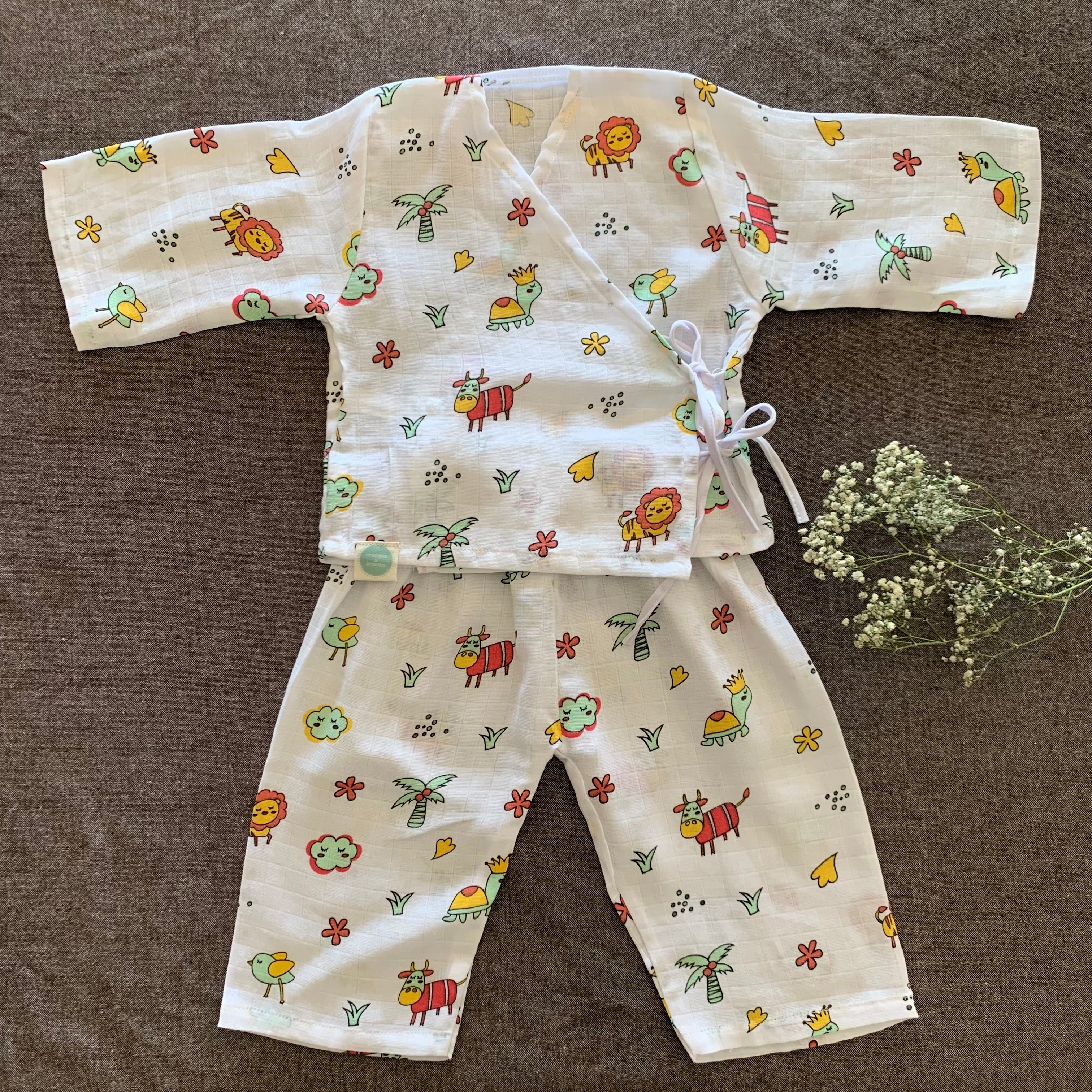 Bamboo Muslin Night Suit | Kimono Set | Animal Print - Oranges and Lemons