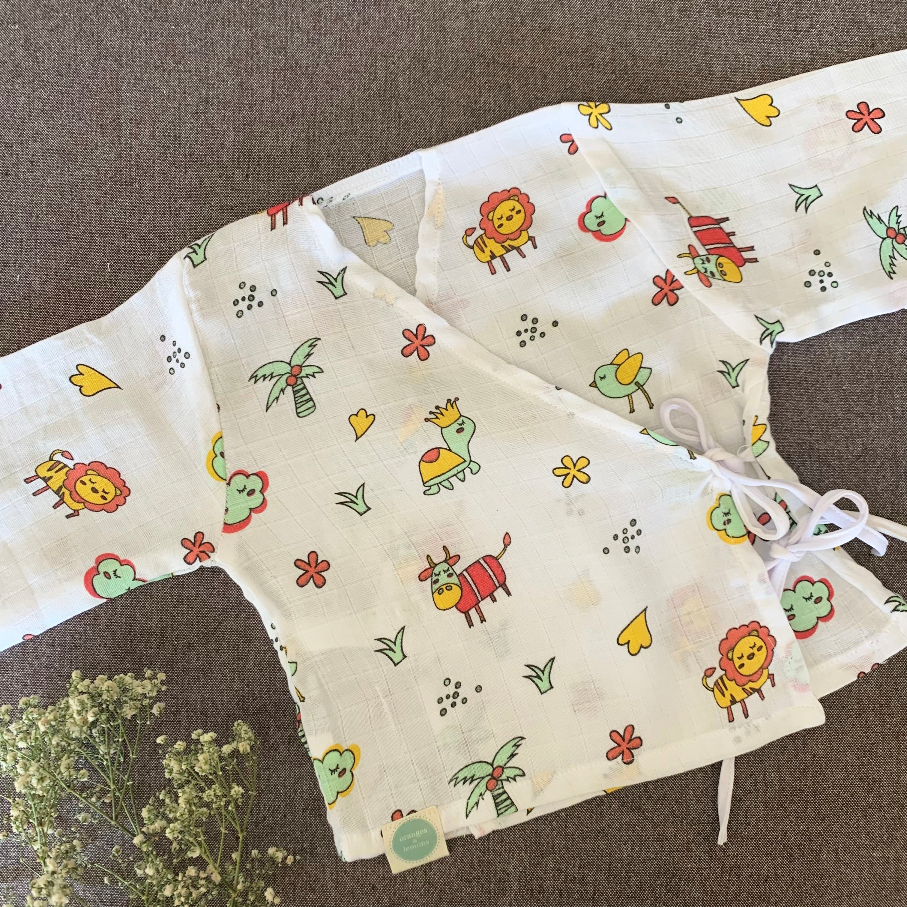 Bamboo Muslin Night Suit | Kimono Set | Animal Print - Oranges and Lemons