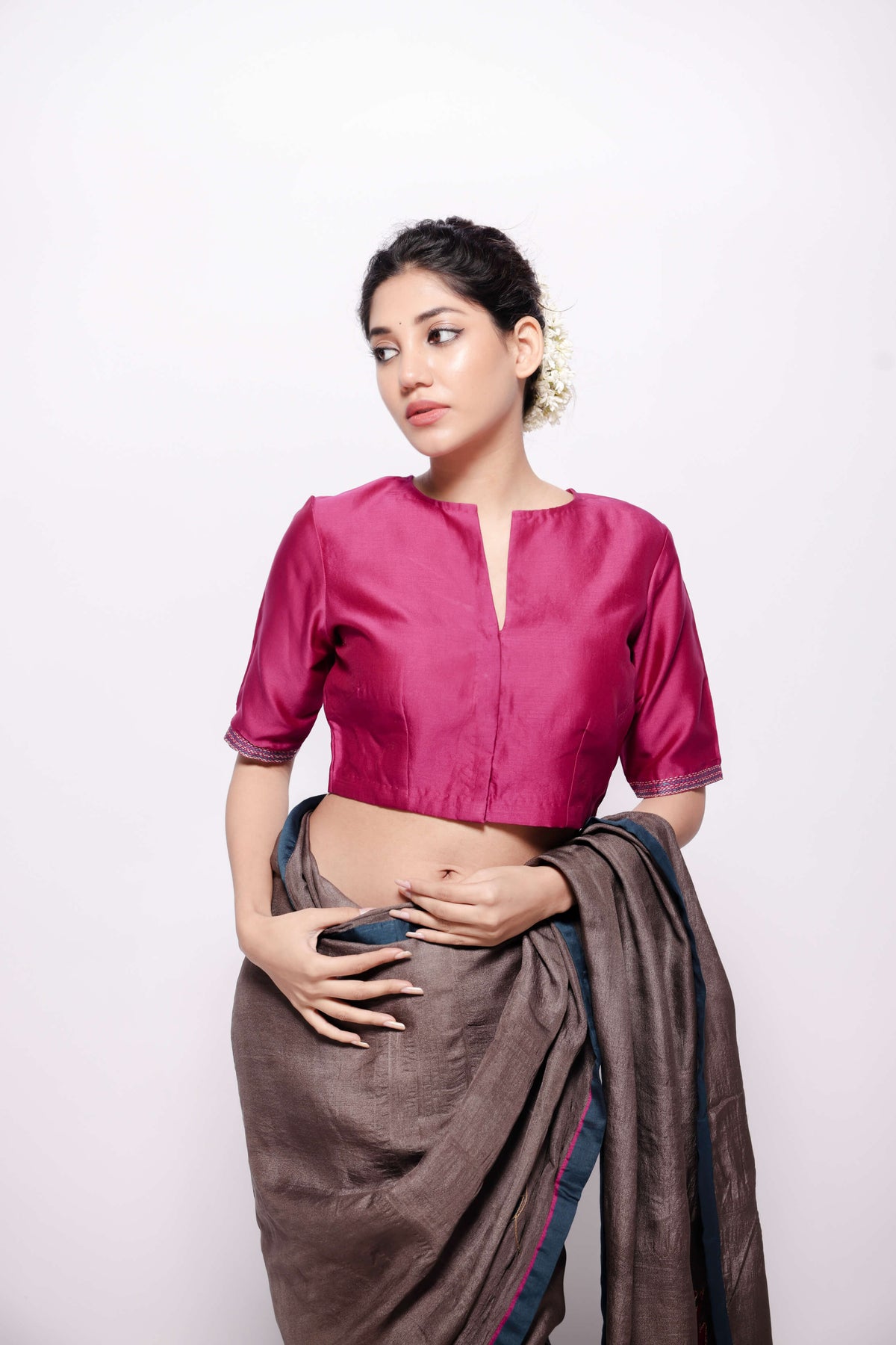 Magenta-Front Slit Neckline Sujani Embroidered Chanderi Blouse-bihart