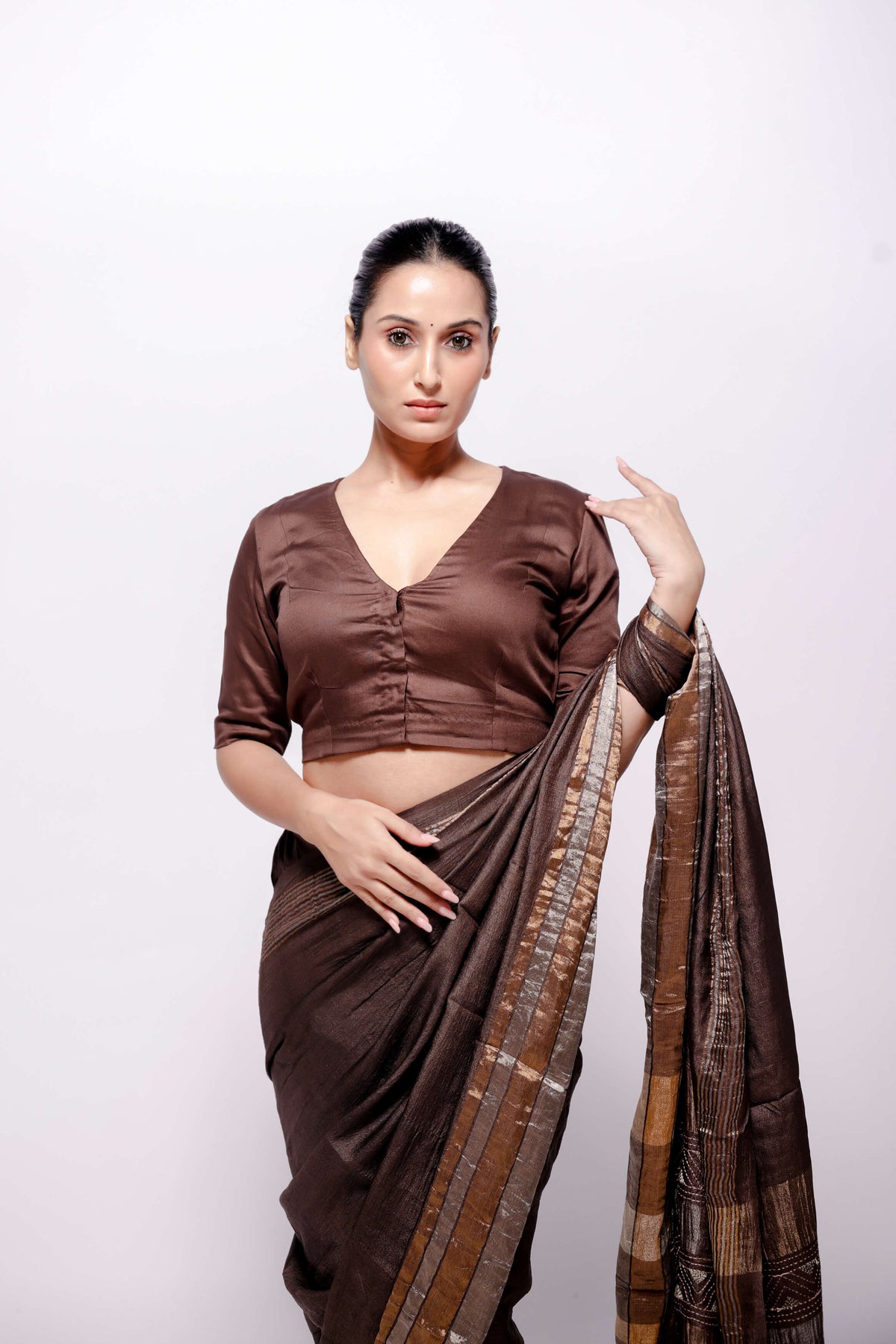 Brown-Zari Woven Wild Silk Saree Sujani Embroidered Saree-bihart