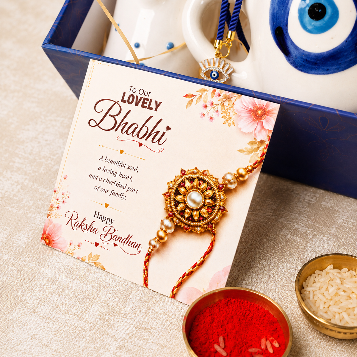 Artecasa Nazar Se Surakshit Rakhi Hamper | Evil Eye Rakhi Gift for Brother & Bhabhi - https://artecasa.in/