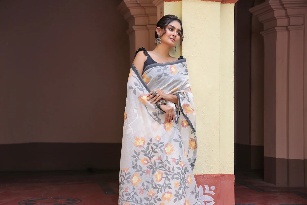 Handloom White Pure Cotton Exclusive Jamdani Saree with Yellow & White Flowers