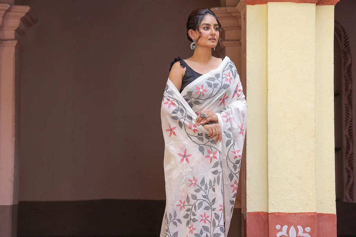 Handloom White Pure Cotton Exclusive Jamdani Saree with Red & White Flowers
