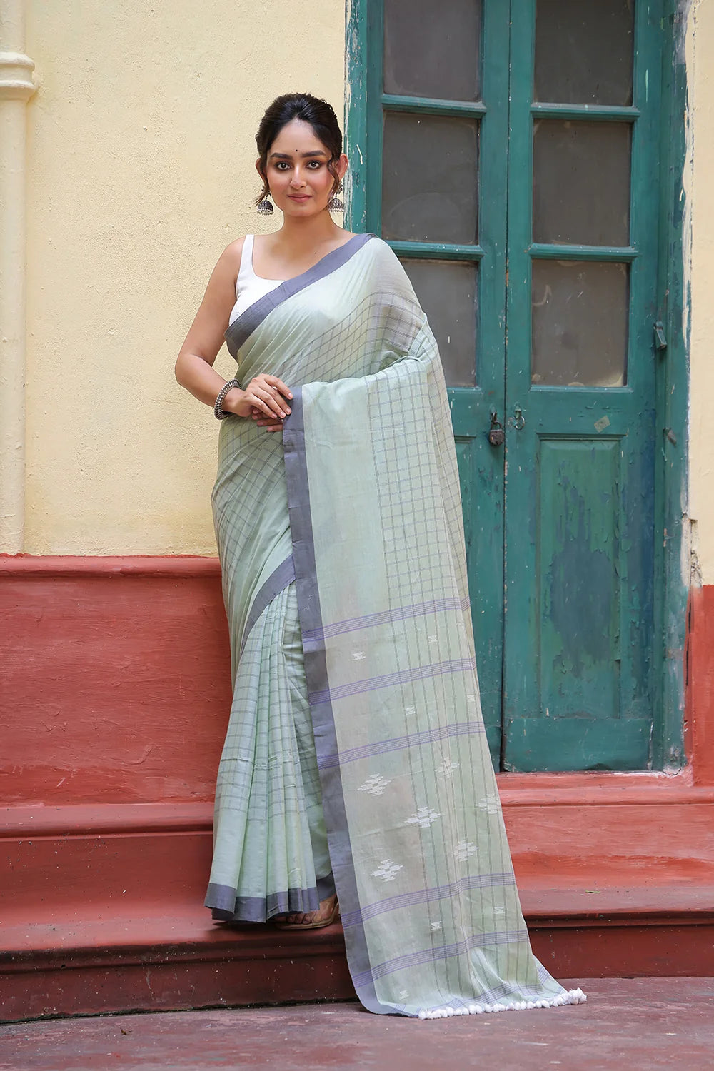Handloom Tea Green Mulmul Cotton Jamdani Saree-Sutra Art of Clothing