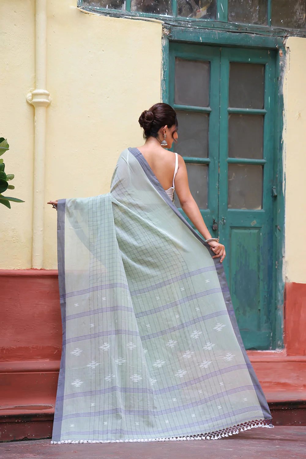 Handloom Tea Green Mulmul Cotton Jamdani Saree-Sutra Art of Clothing