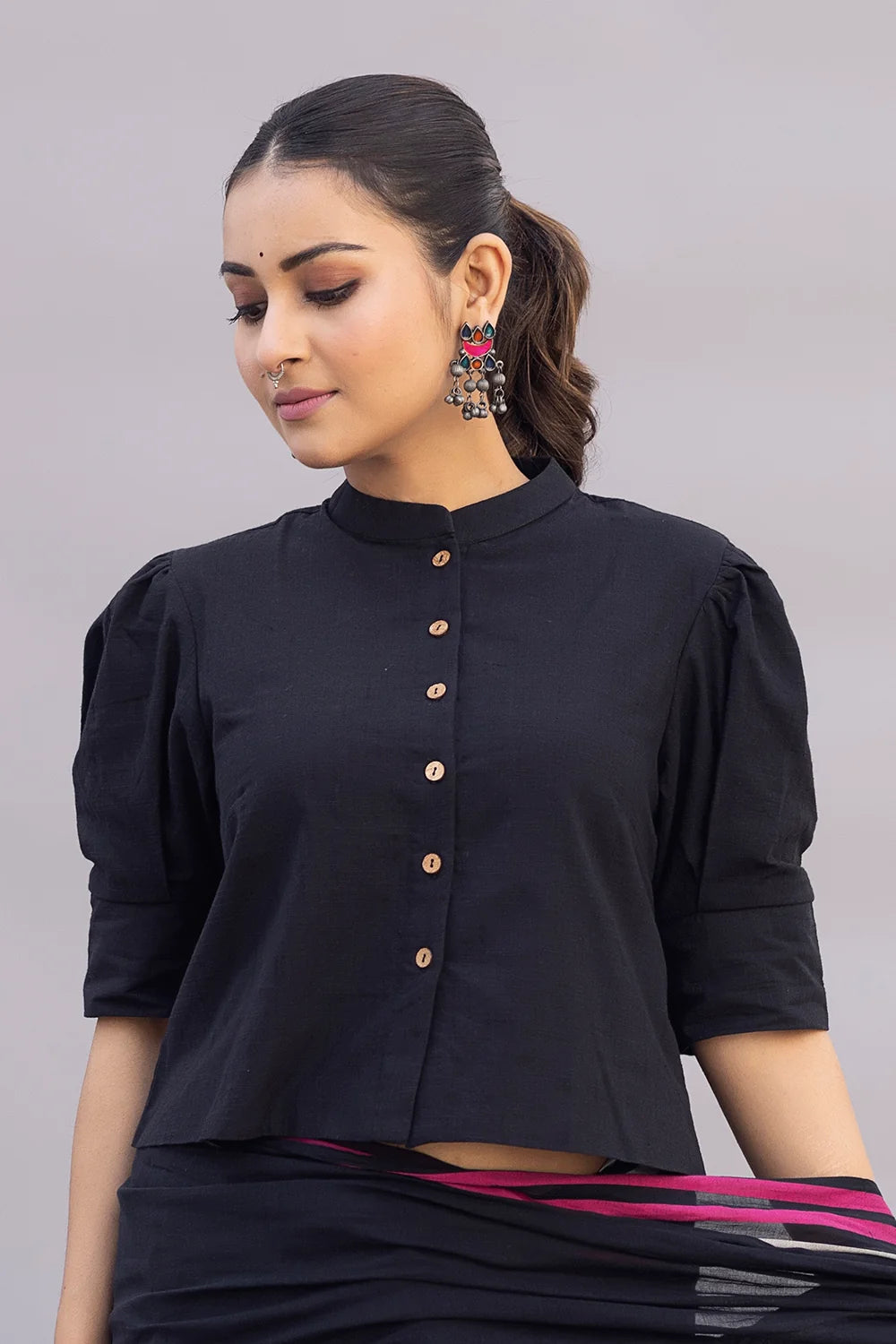 Komal Black Cotton Blouse-Sutra Art of Clothing