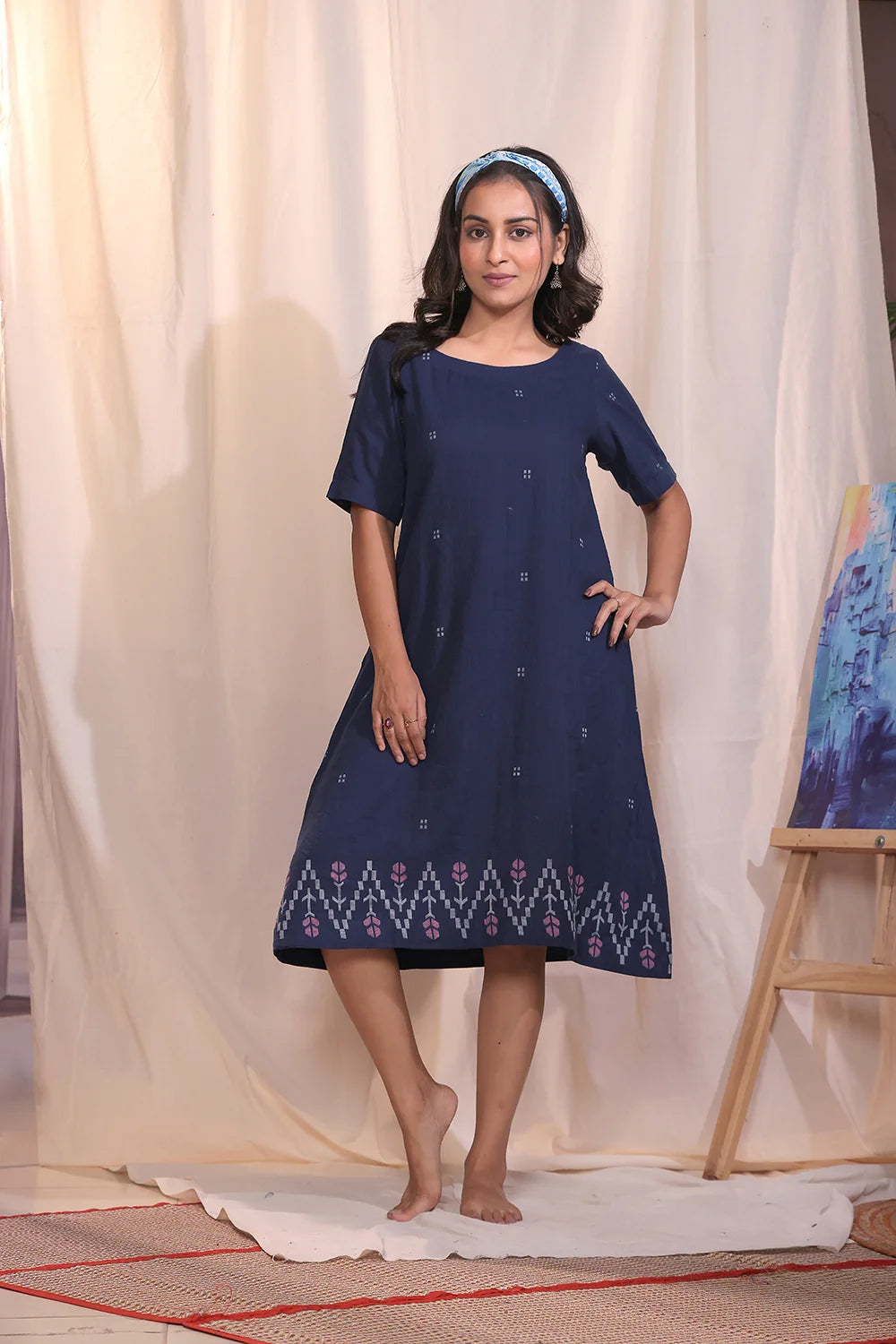 Navy Meadow Jamdani Dress-Sutra Art of Clothing
