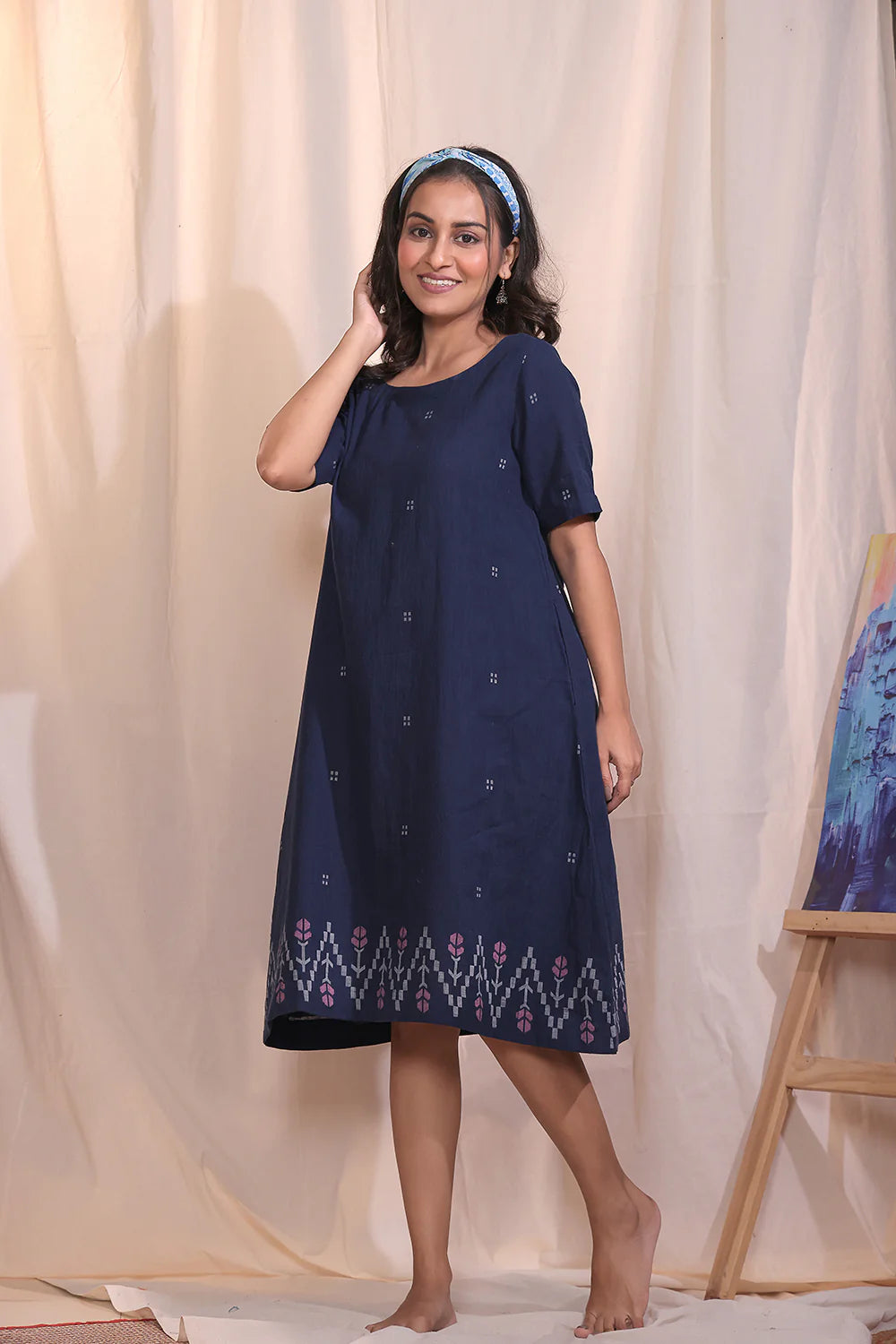 Navy Meadow Jamdani Dress-Sutra Art of Clothing