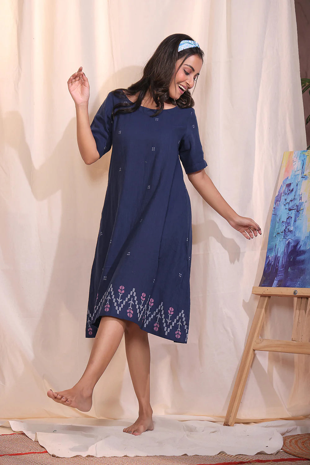 Navy Meadow Jamdani Dress-Sutra Art of Clothing
