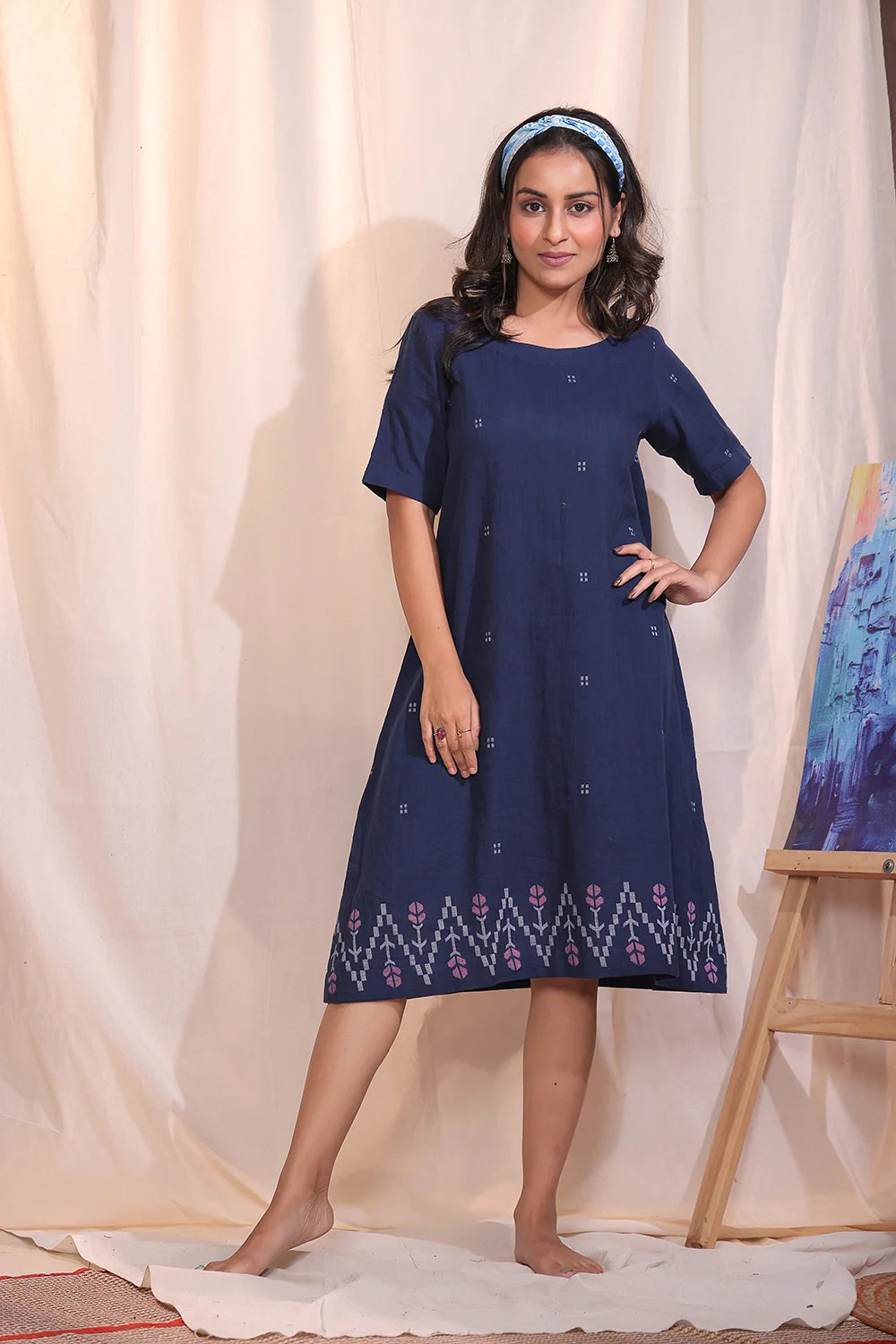 Navy Meadow Jamdani Dress-Sutra Art of Clothing