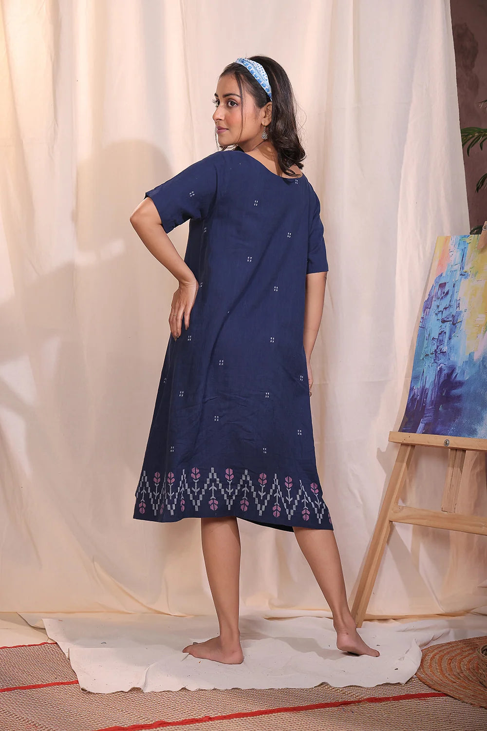 Navy Meadow Jamdani Dress-Sutra Art of Clothing