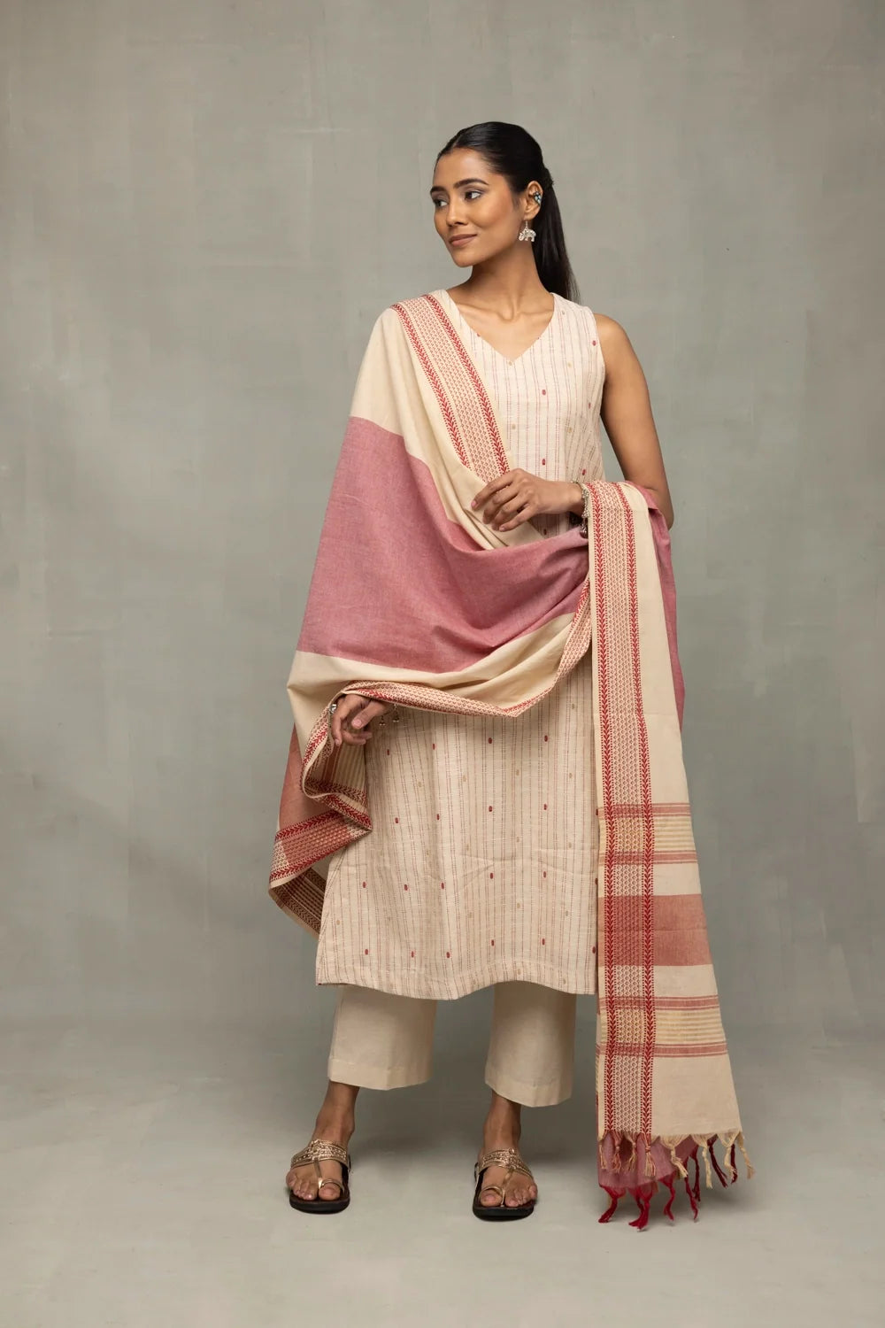 Cream and Pink South Cotton Zari Kurta Set With Dupatta
