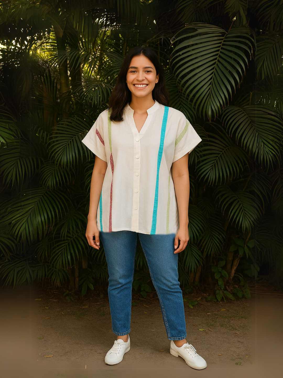 Celest Shirt- Handwoven Organic Cotton Statement Shirt | Jhultaru. 100% Organic Cotton Stripes made from leftover fabric pieces. Made from 100% organic cotton with repurposed fabric stripes, Celest is an eco-friendly, sustainable and breathable shirt made for mindful living.