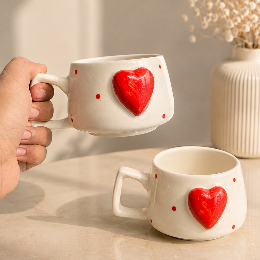 Heartfelt Duo Heart Design Ceramic Mug Set | Set of 2 Heart Mugs - https://artecasa.in/