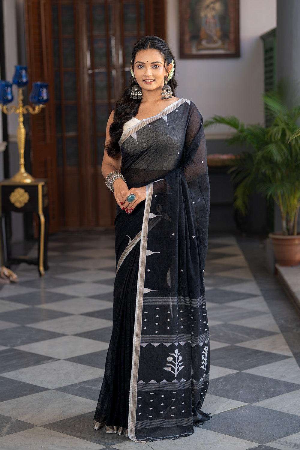 Handloom Black Soft Cotton Jamdani Saree-Sutra Art of Clothing
