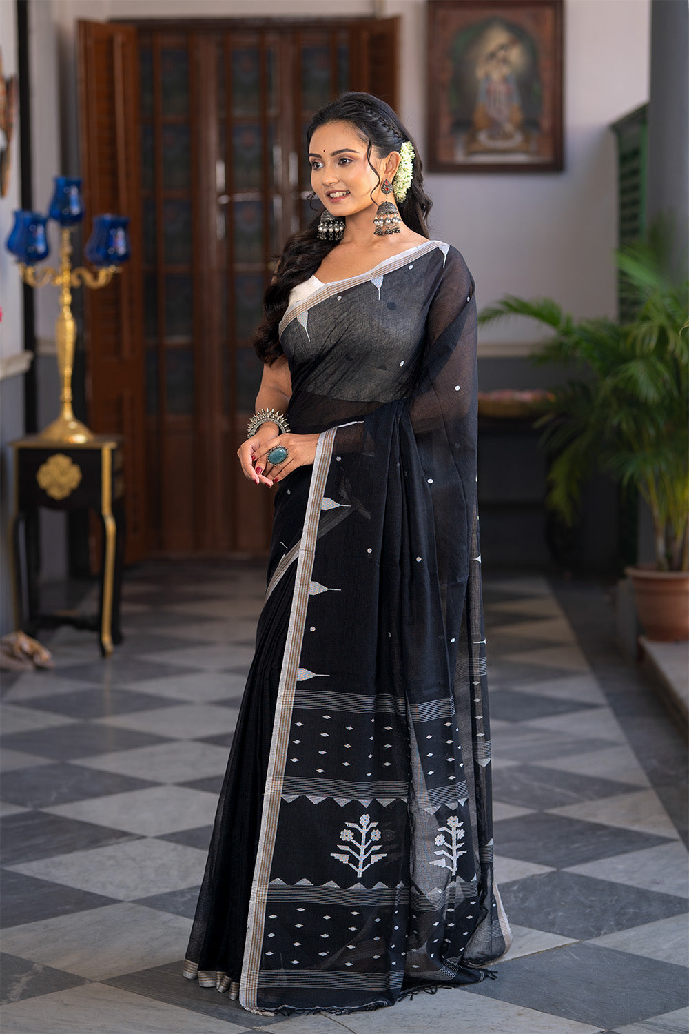 Handloom Black Soft Cotton Jamdani Saree-Sutra Art of Clothing
