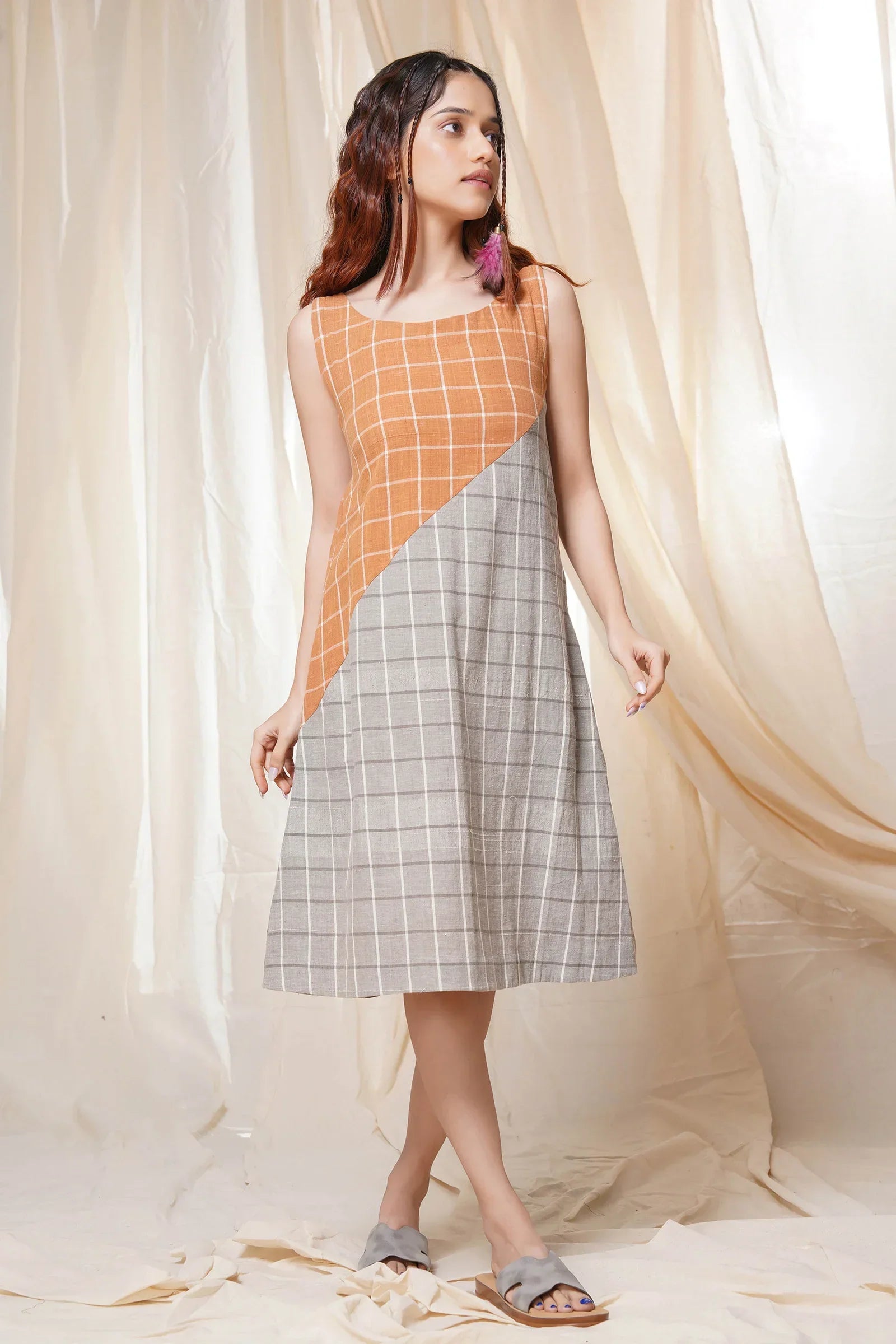 Timeless checks - orange and gray checkered khadi short dress - small