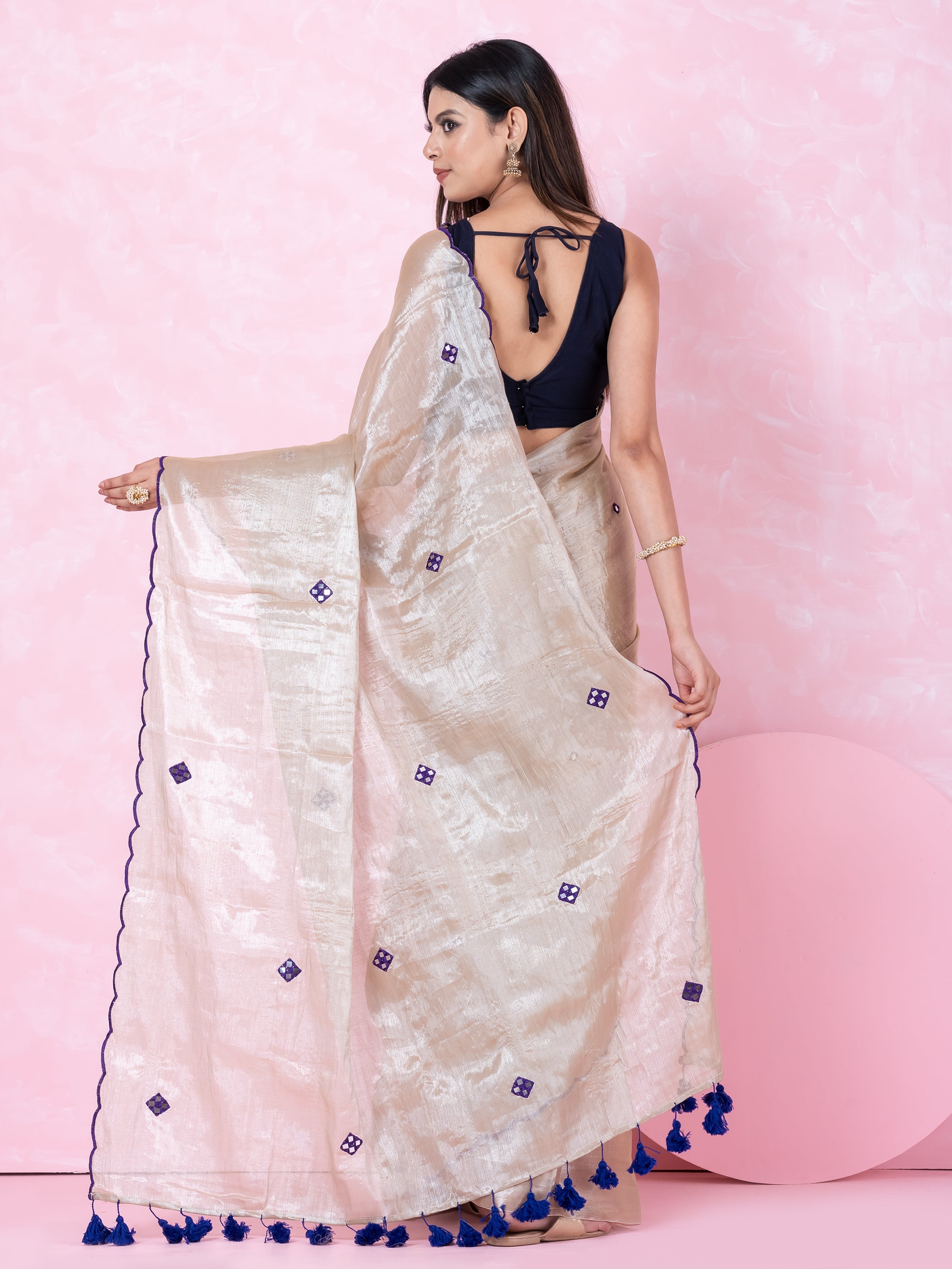 Silver purple Raga tissue saree with lightweight festive drape by Shop AaMe