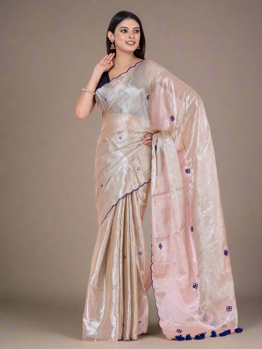 Silver purple Raga tissue saree with lightweight festive drape by Shop AaMe