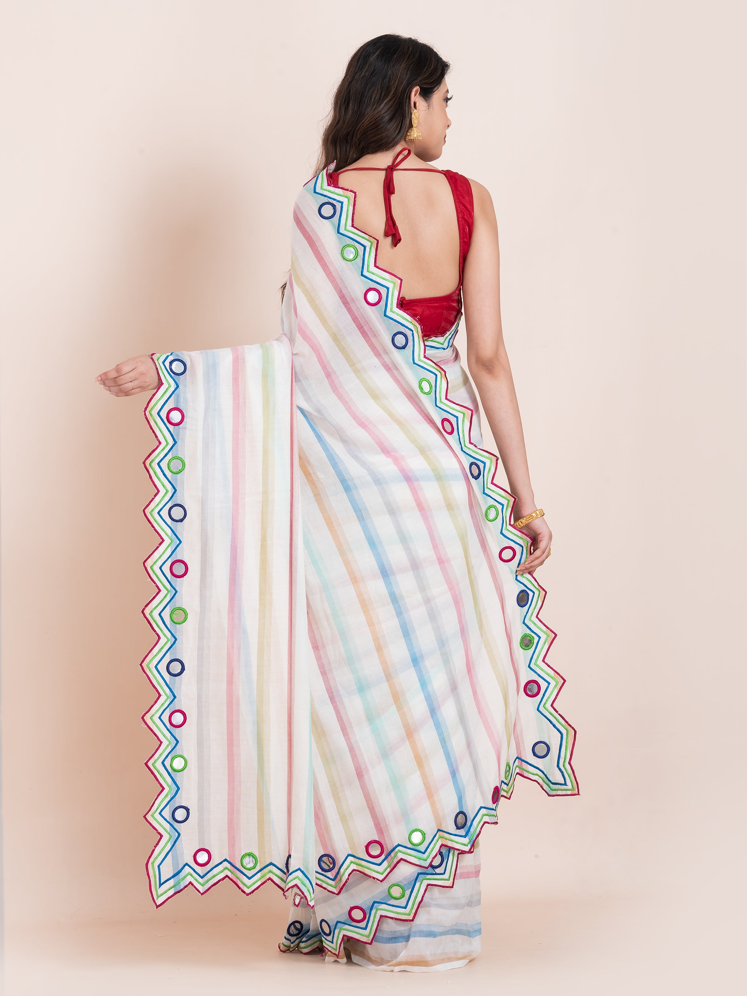 White Reflection Mulmul Cotton Mirror Work Saree by Shop AaMe