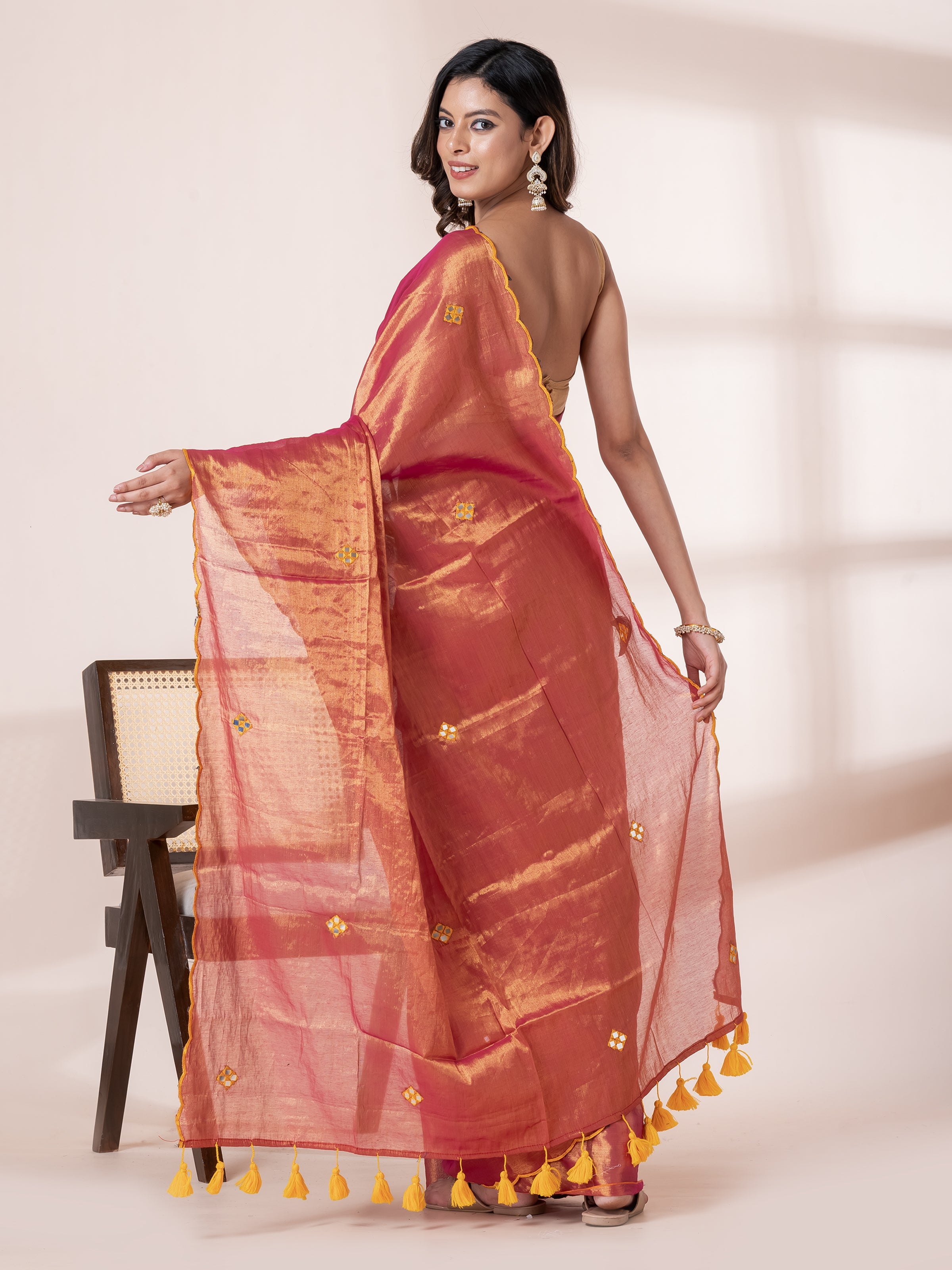 Golden designer tissue saree with delicate zari buti work by Shop AaMe