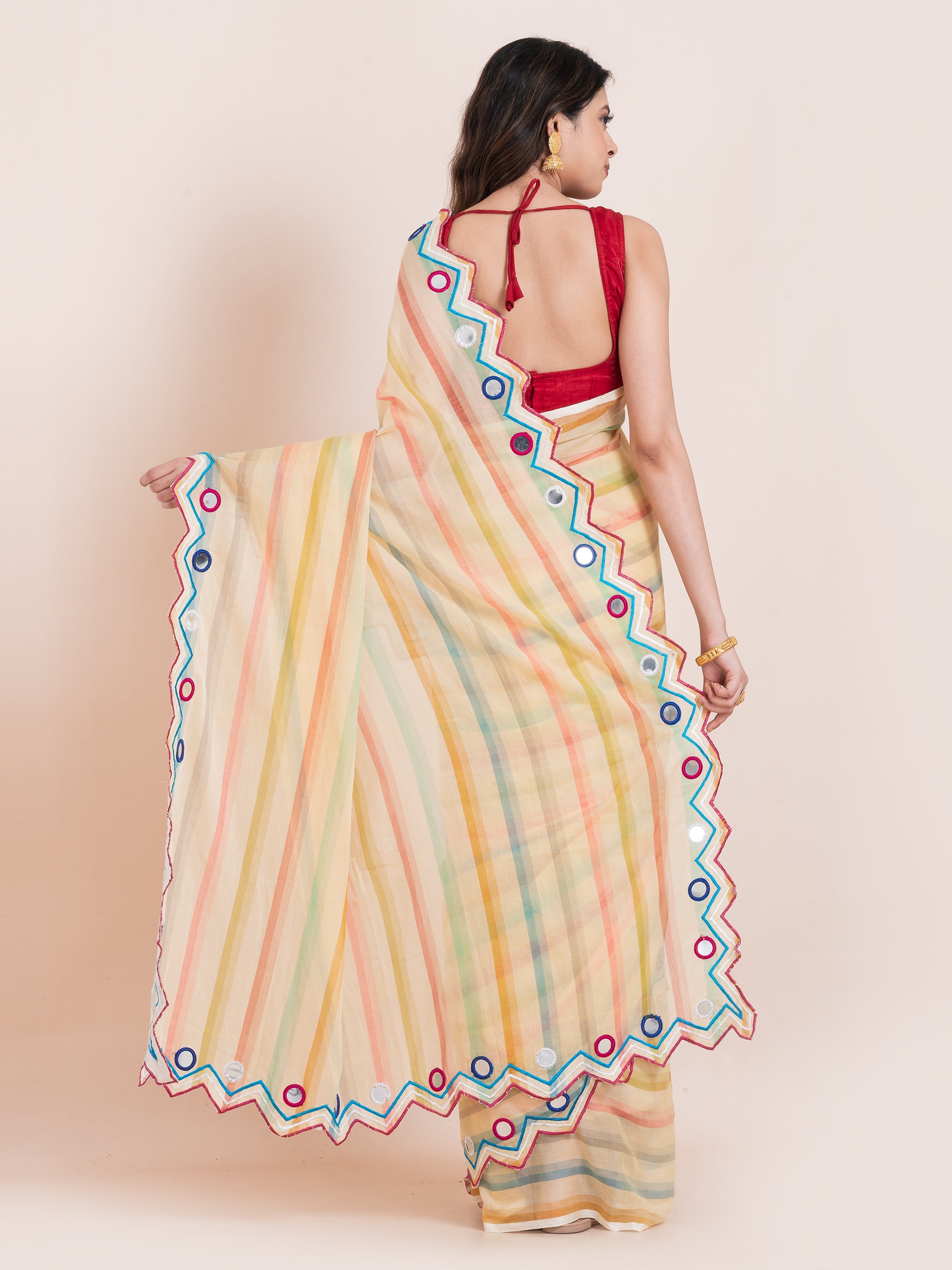Lightweight lime yellow mulmul cotton Shopaame saree with mirror embroidery and multicolored stripes. Perfect for summer wear, festive looks and effortless elegance.