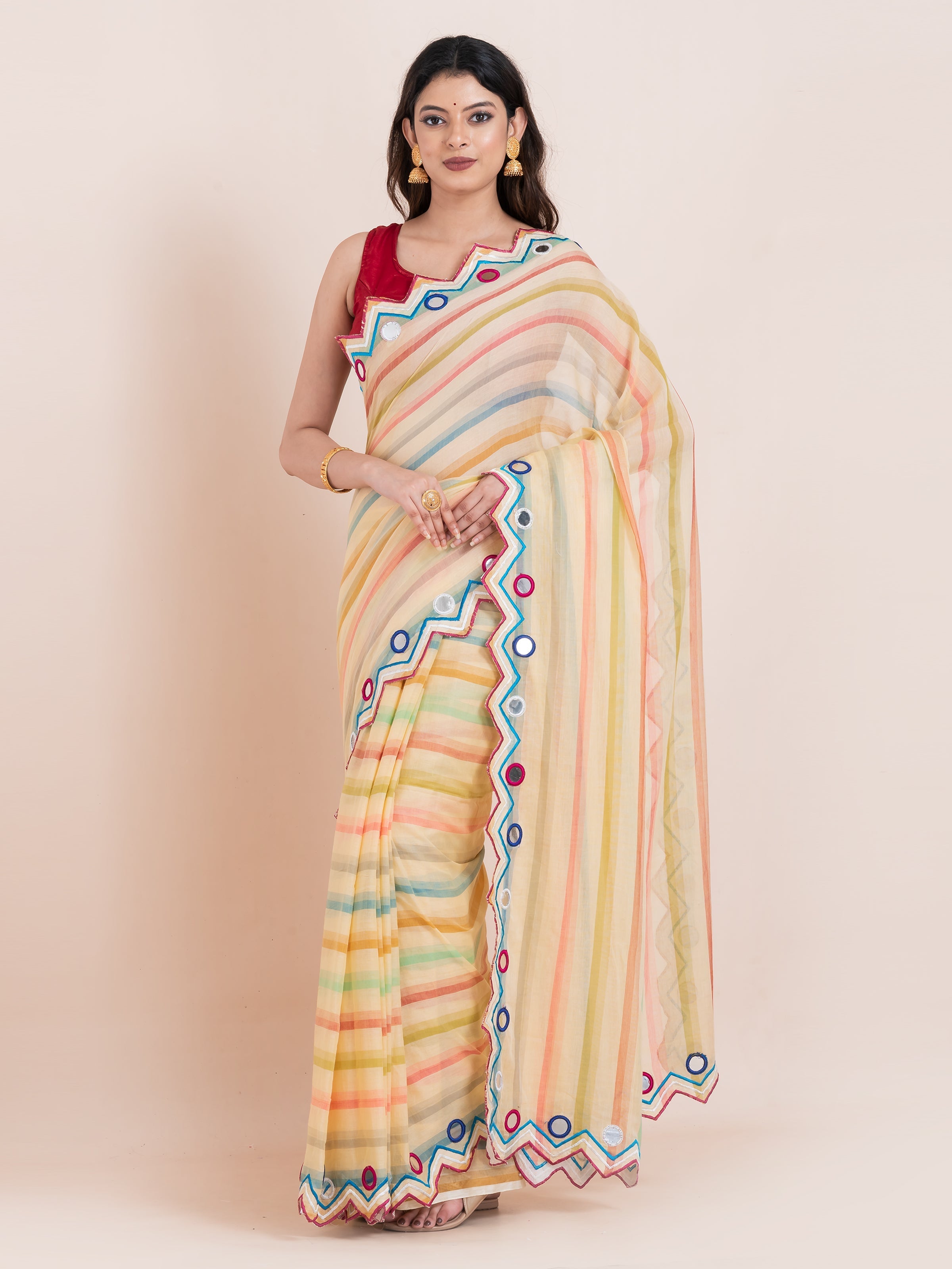 Lightweight lime yellow mulmul cotton saree by Shopaame with mirror embroidery and multicolored stripes. Perfect for summer wear, festive looks, and effortless elegance.