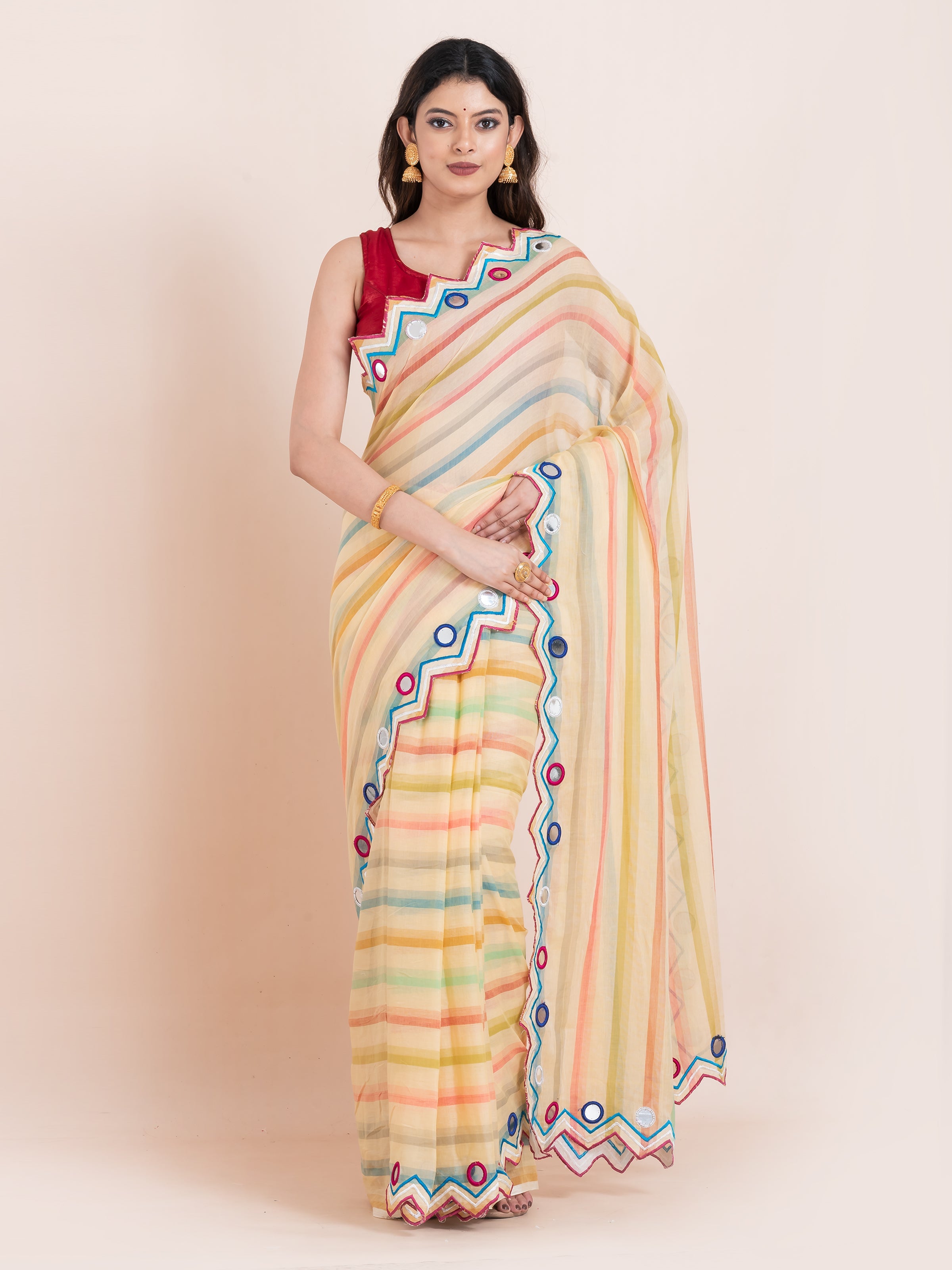 Lightweight lime yellow mulmul cotton Shopaame saree with mirror embroidery and multicolored stripes. Perfect for summer wear and effortless elegance.