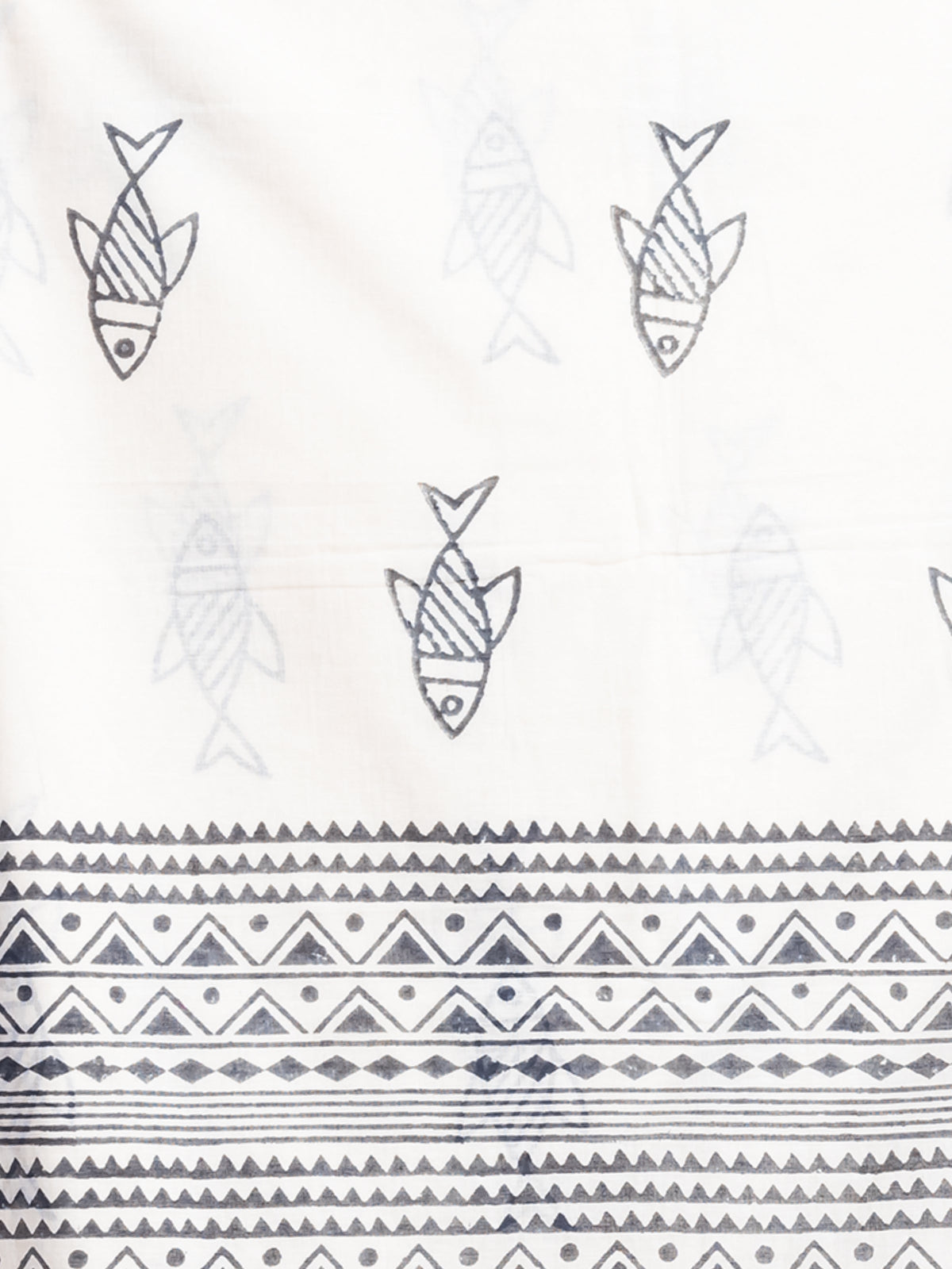 Close-up of Matsya white khadi cotton saree by ShopAaMe highlighting intricate hand block print details