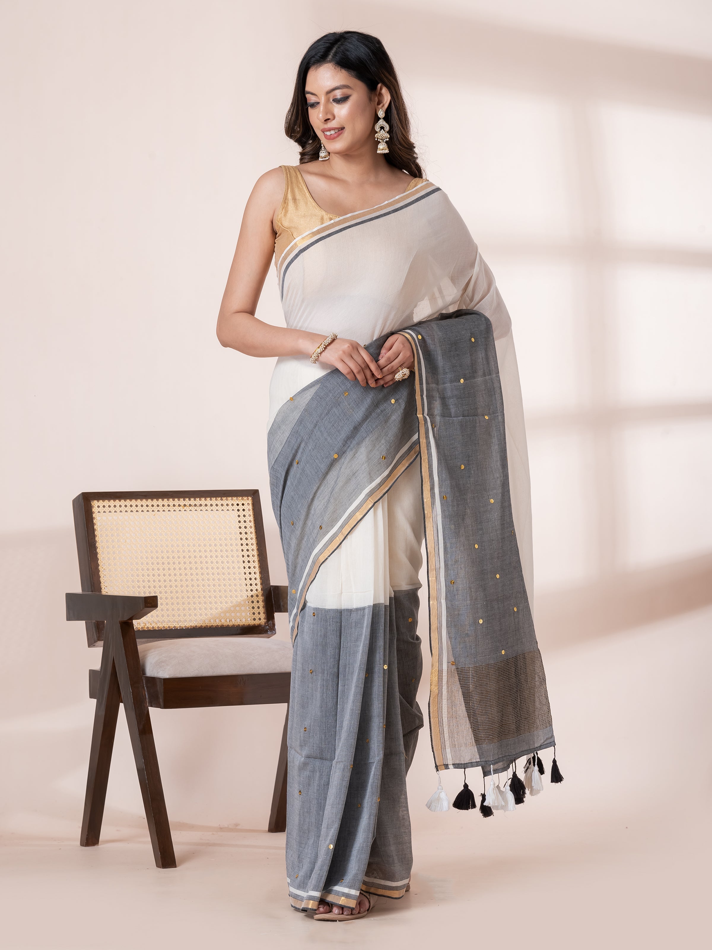 hop Aame Silver Moon saree in black grey mulmul cotton with sequin detailing