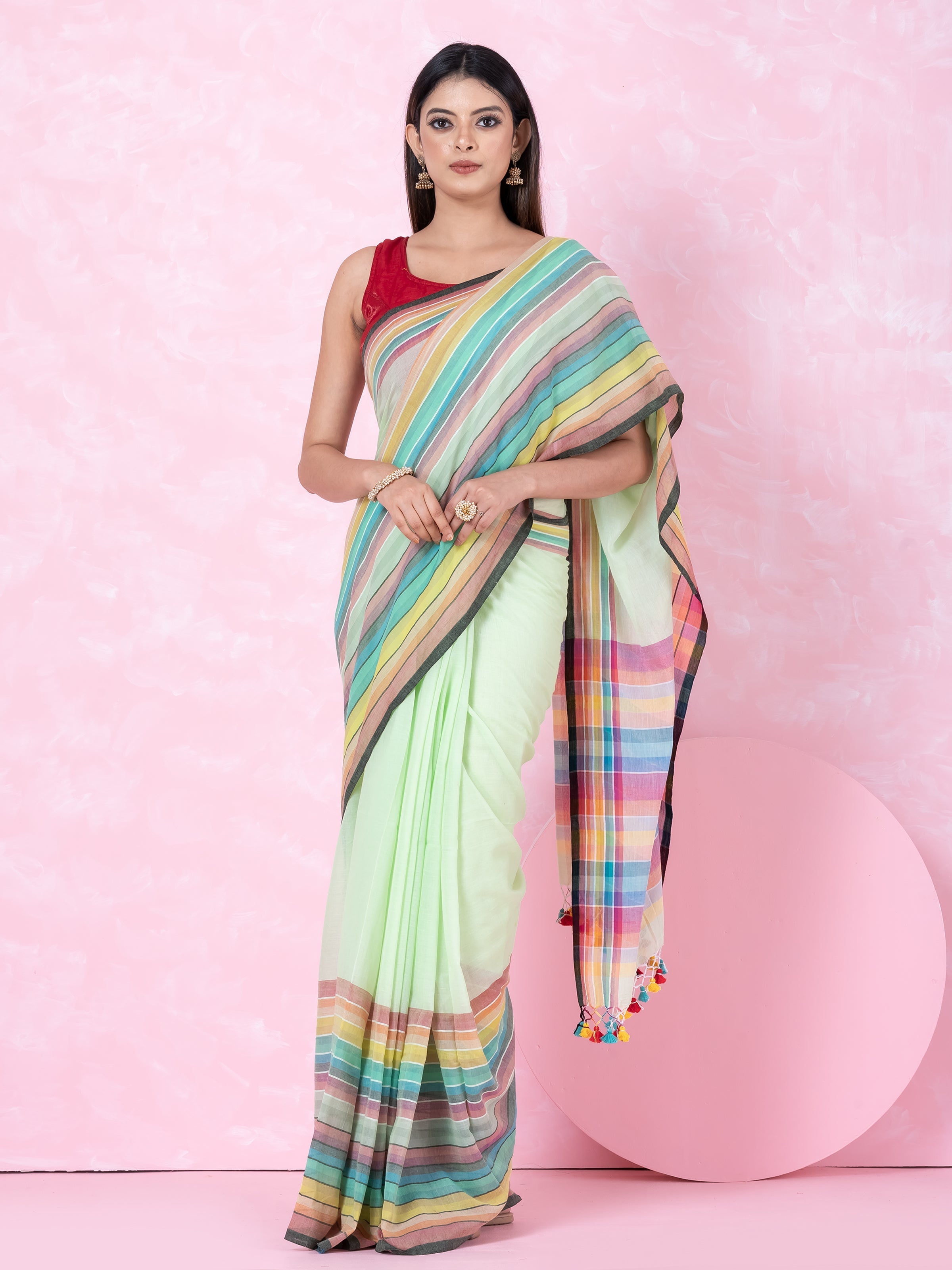 Aqua Breeze light green mulmul cotton saree by Shopaame