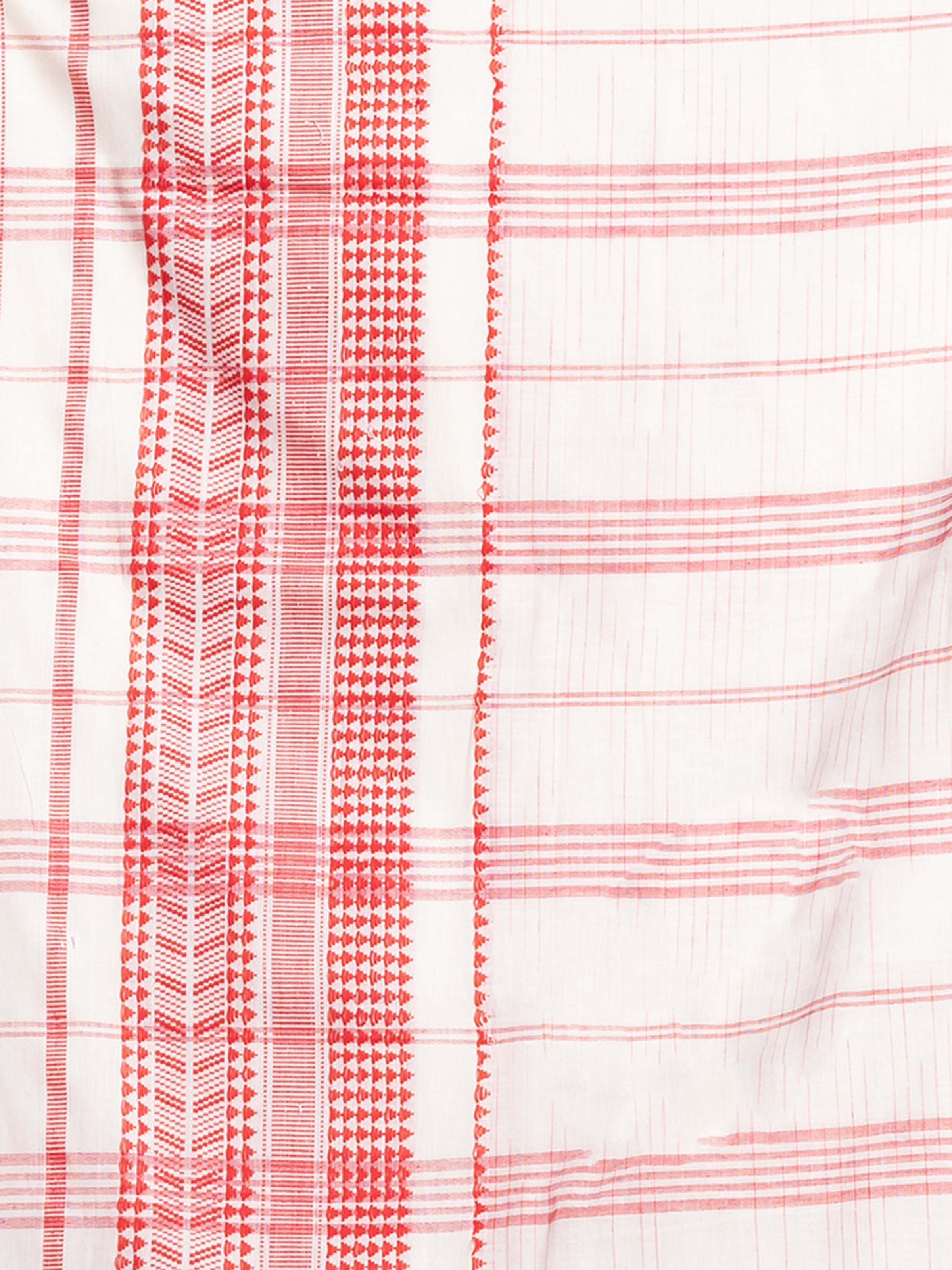 Designer white red khaadi cotton saree for Durga Puja and festive celebrations