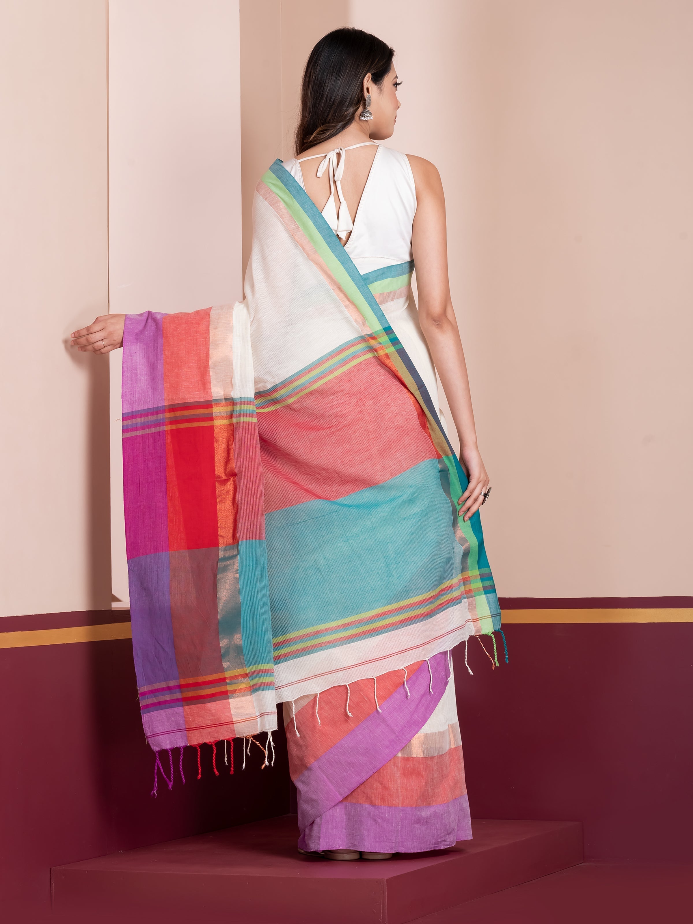 ShopAaMe Golden Loom saree in white multicolored khaadi cotton