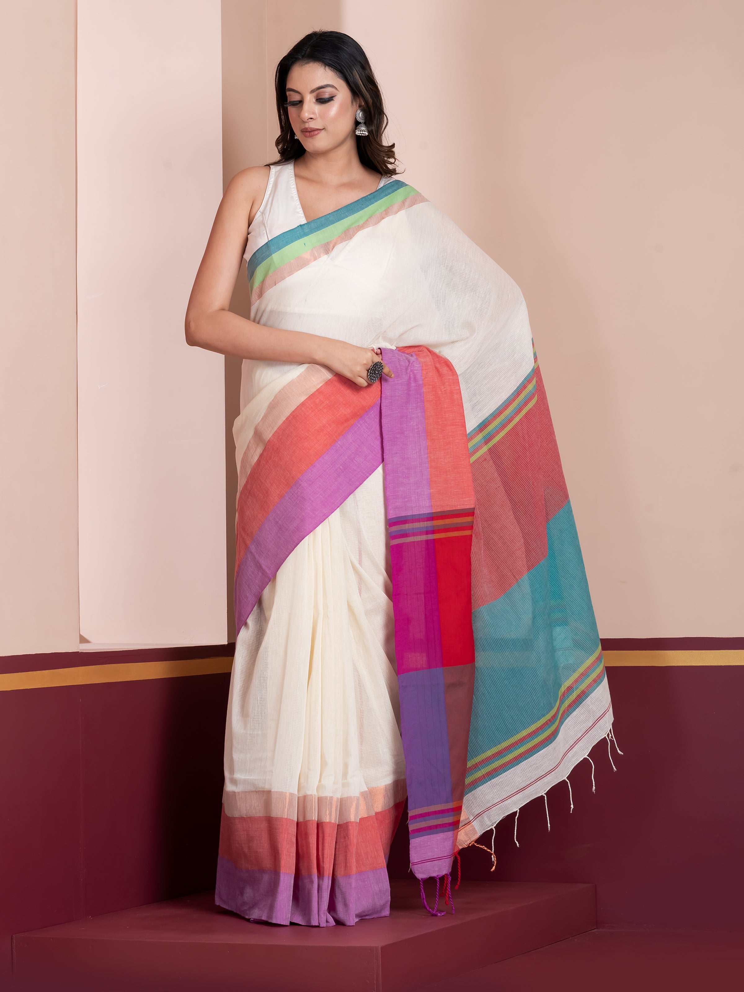 Golden Loom White Multicolored Khadi Cotton Saree by ShopAaMe