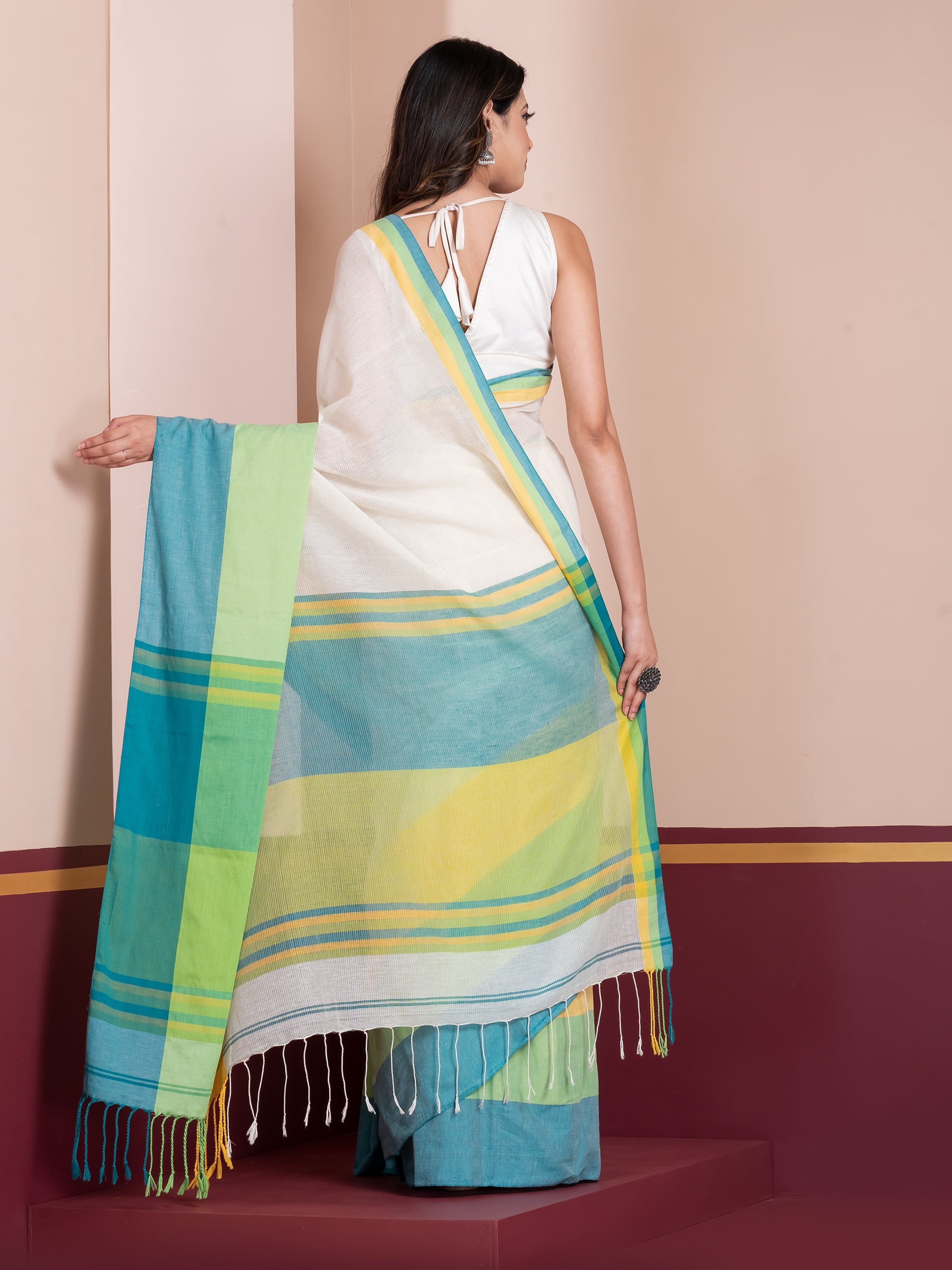 ShopAaMe Sunwoven saree in white multicolored khaadi cotton
