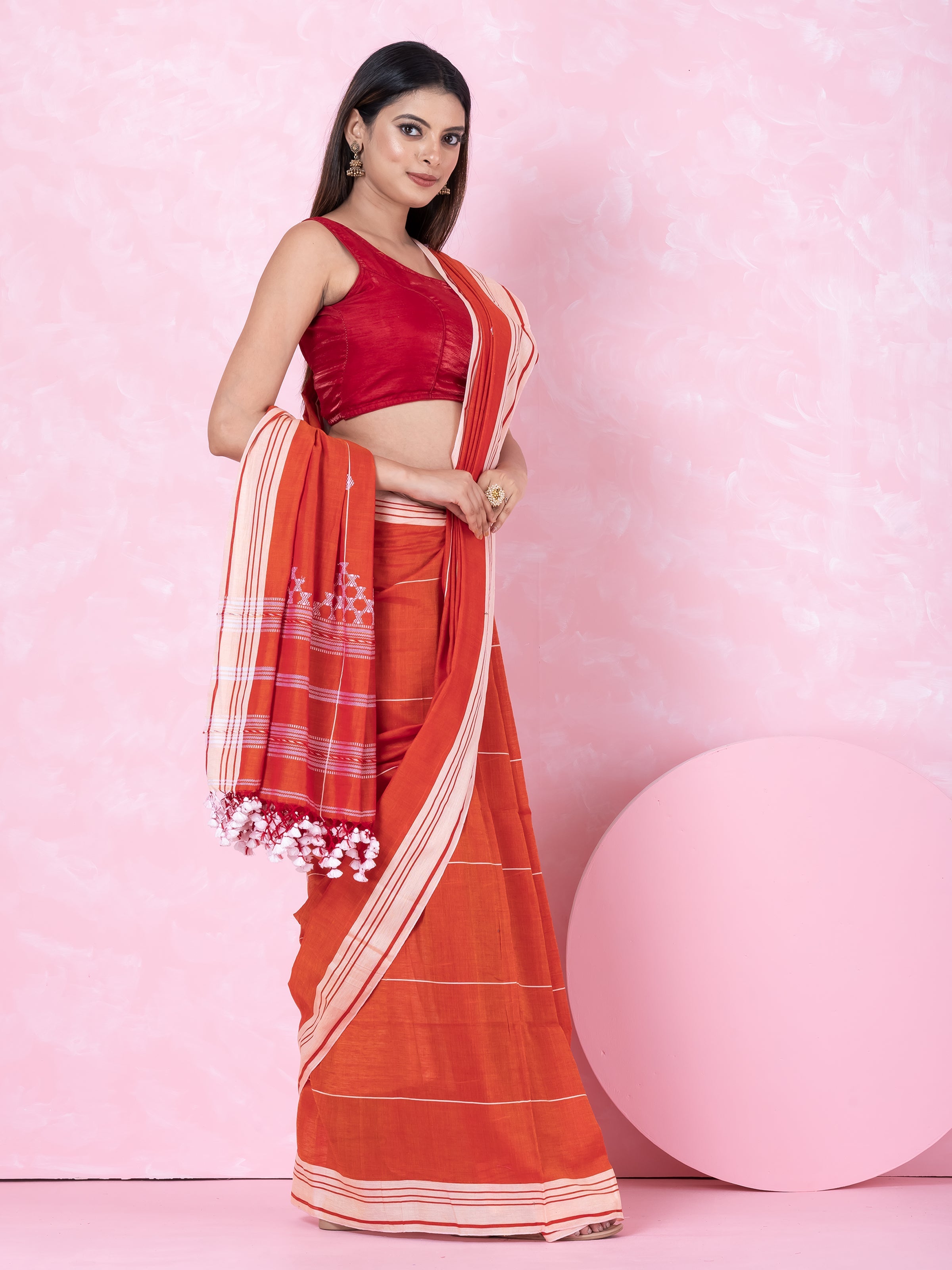 Orange- white handloom cotton saree by Shopaame.