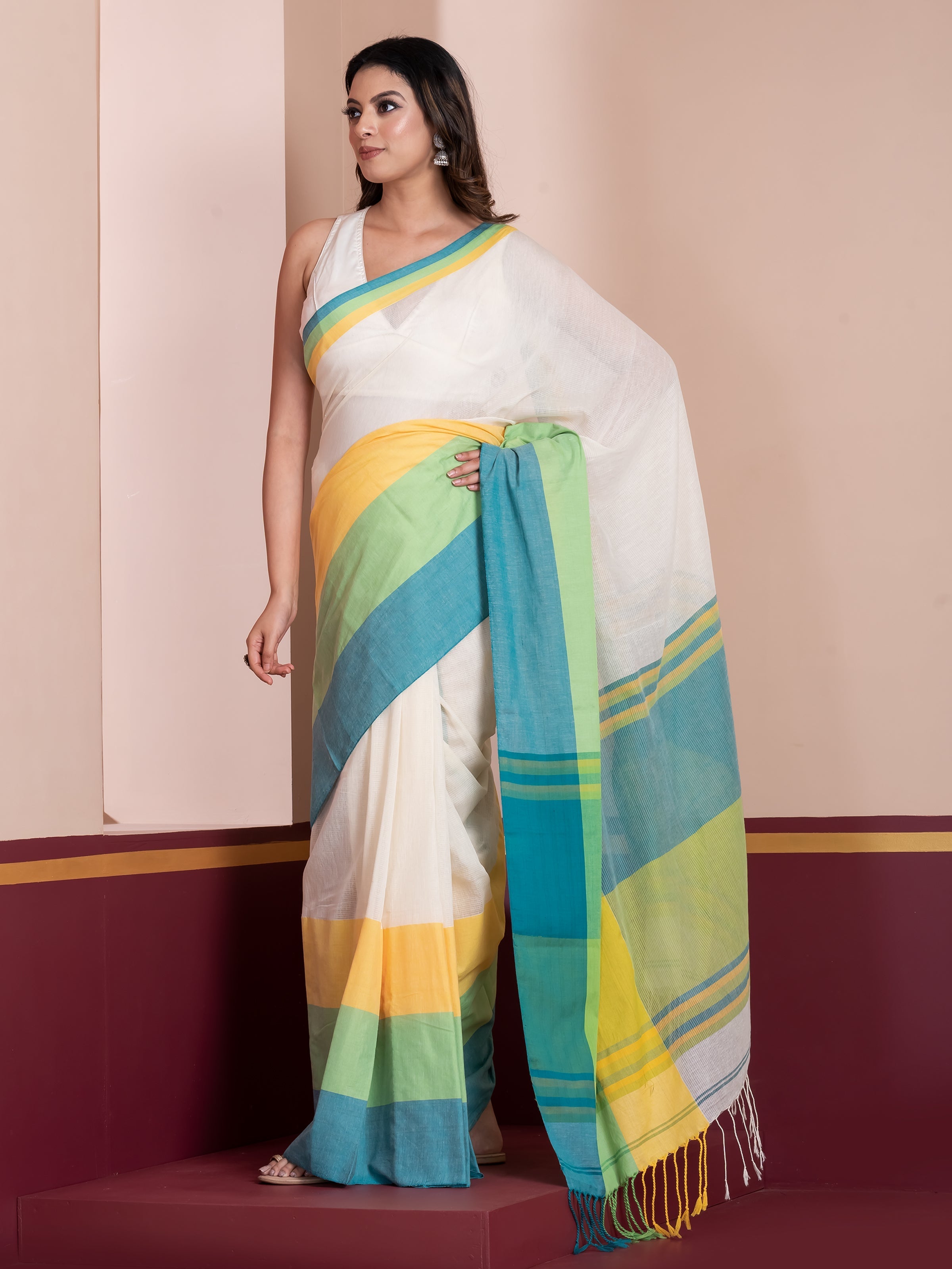 Sunwoven White Multicolored Khadi Cotton Saree by ShopAaMe