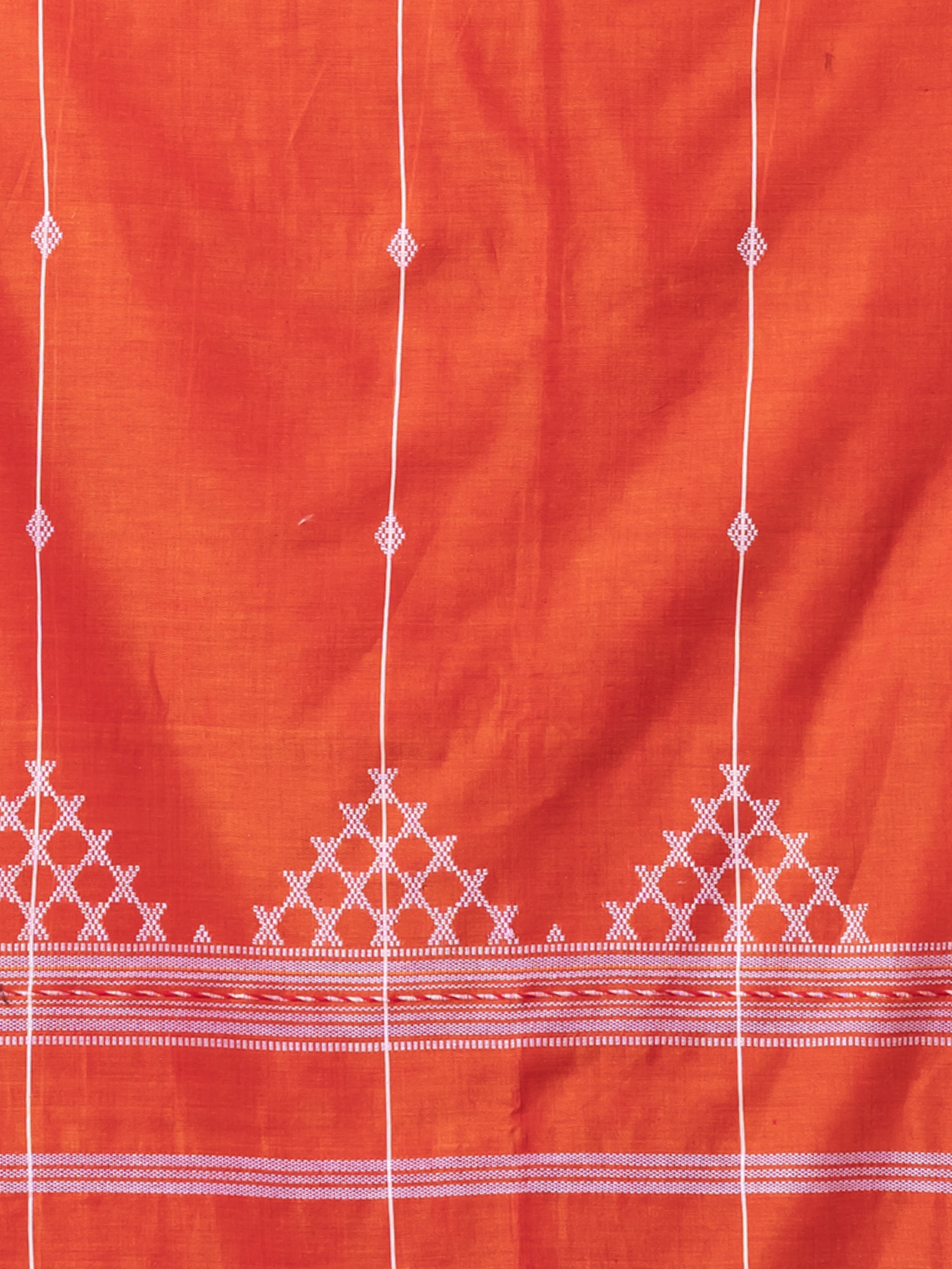 Closeup of Rustic reverie Orange handloom cotton saree by Shopaame.