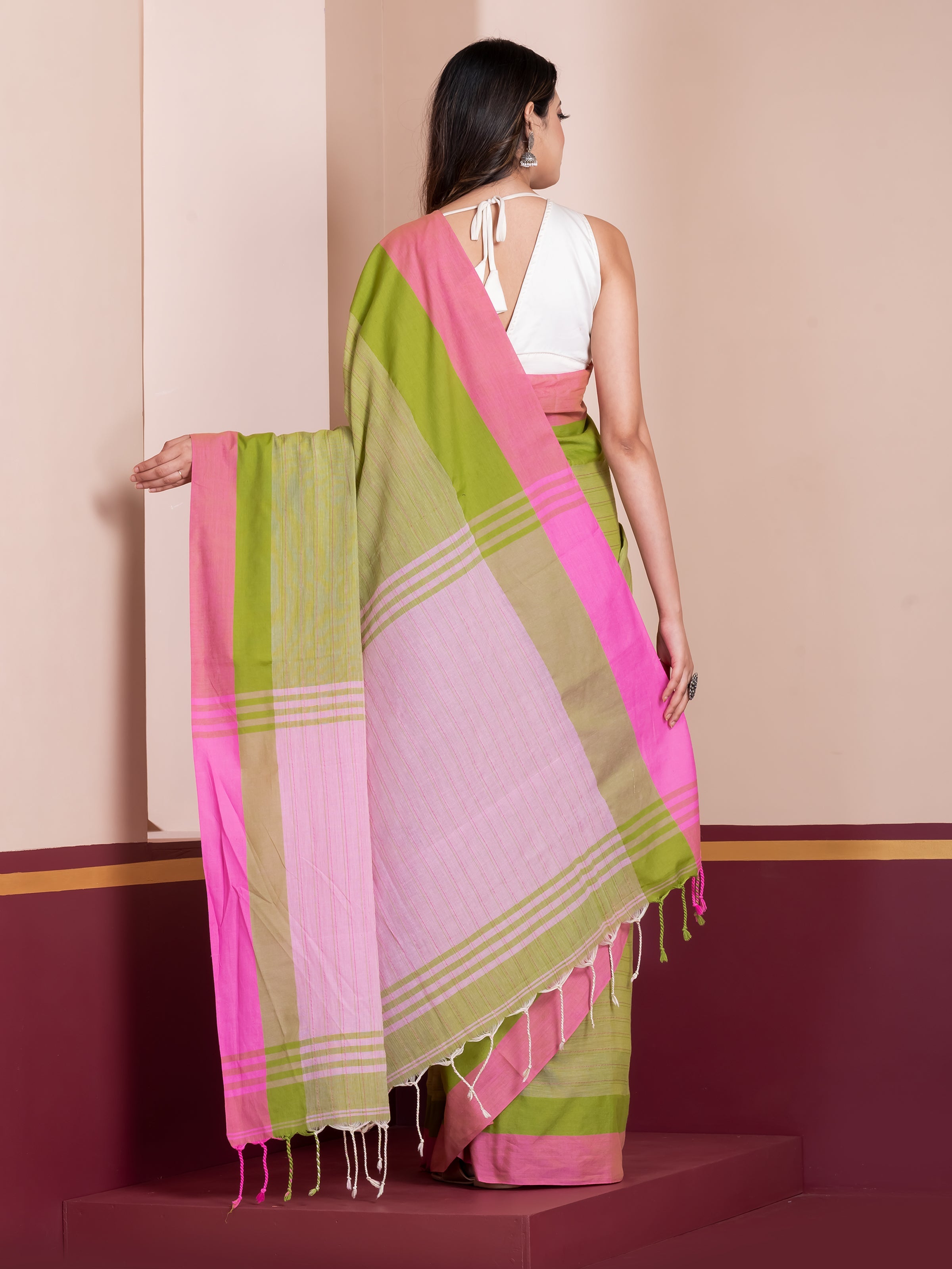 Traditional green pink khadi cotton saree from ShopAaMe designed for comfortable and stylish ethnic wear
