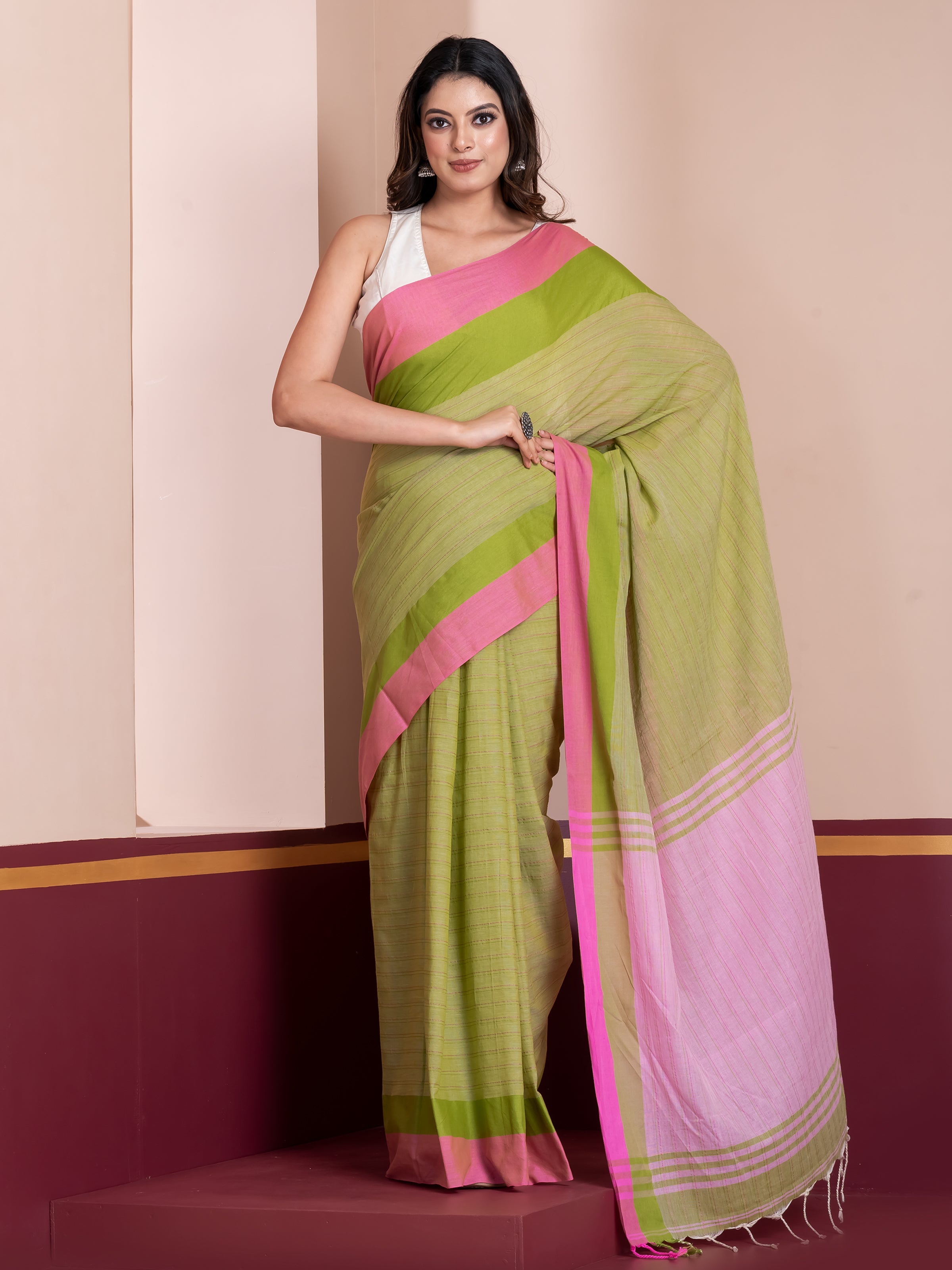 Nanibala green pink khadi cotton saree from ShopAaMe crafted in breathable fabric for everyday wear