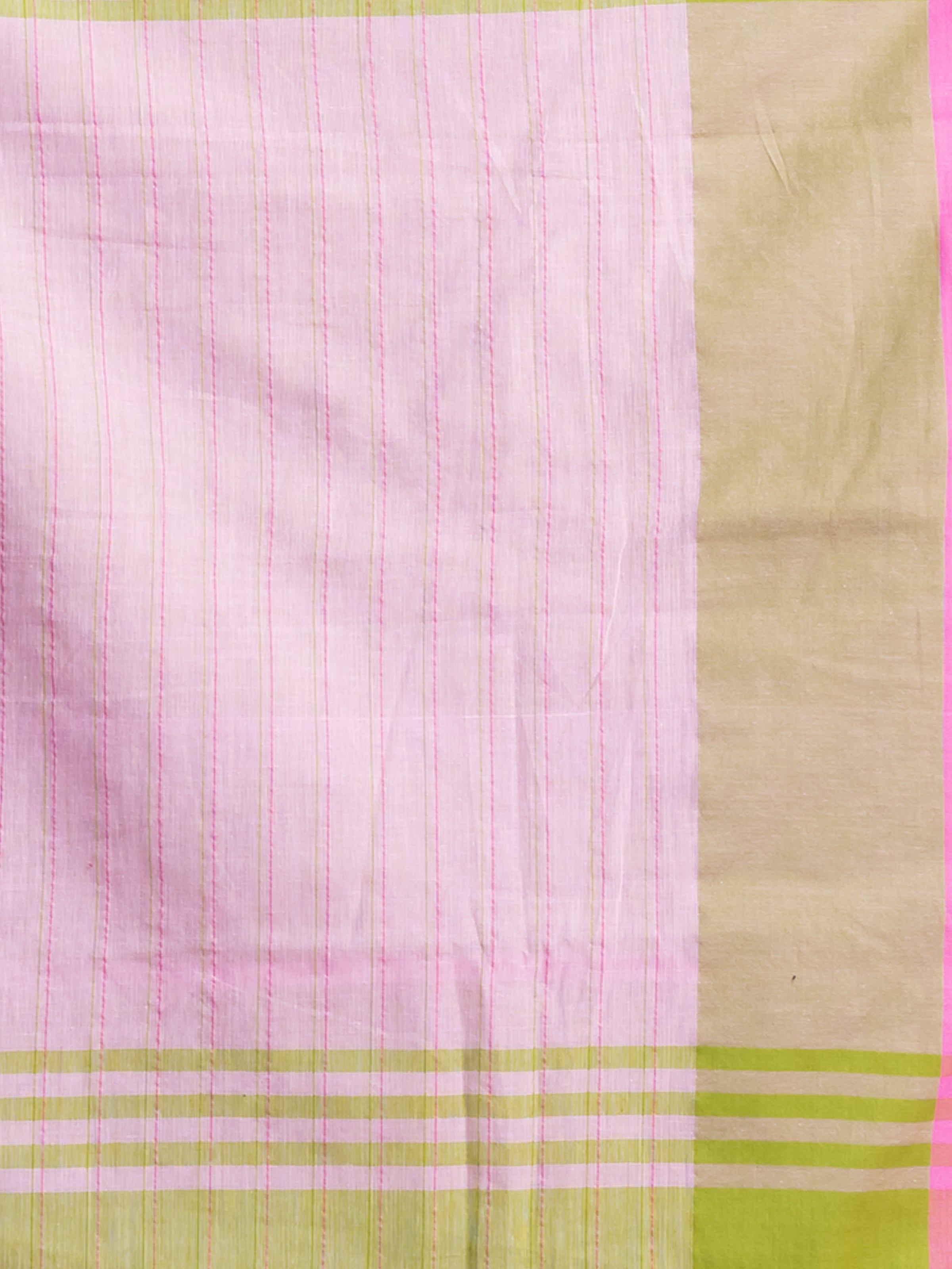 Close-up of Nanibala green pink khadi cotton saree by ShopAaMe highlighting its soft texture and woven details