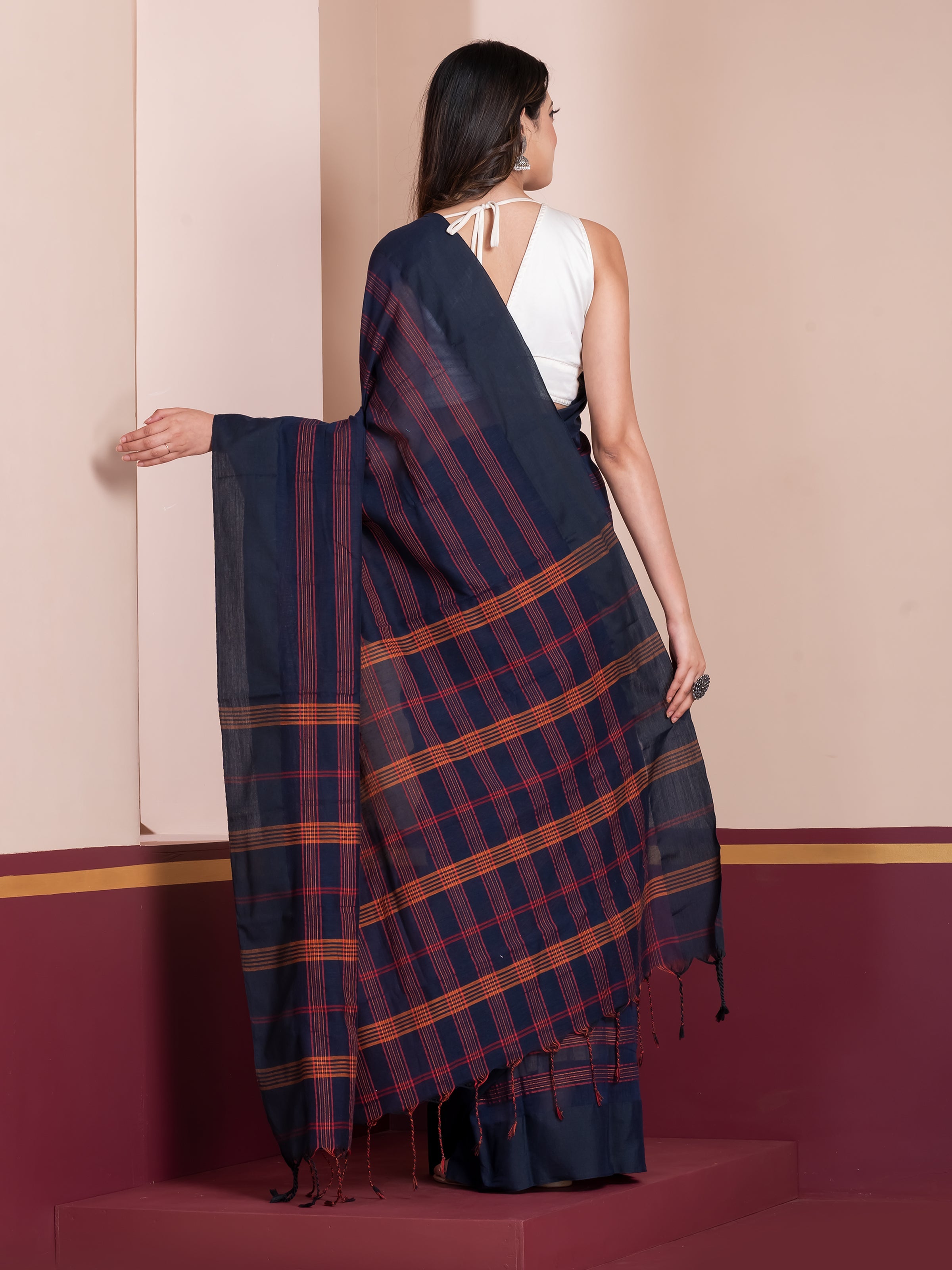 Shop AaMe Indigo Hour saree in rich blue striped khaadi cotton