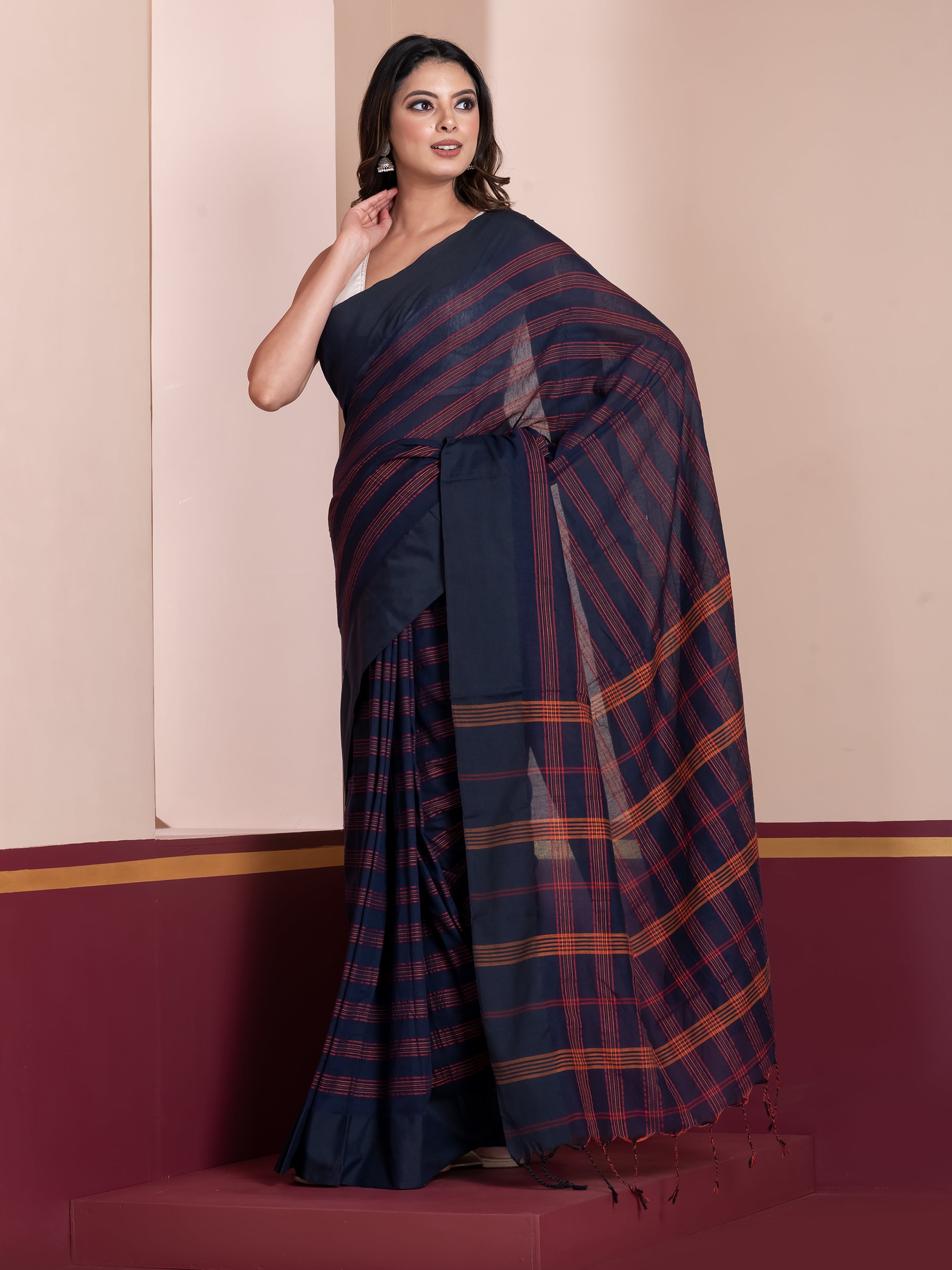 Indigo Hour Blue Striped Khaadi Cotton Saree by Shop AaMe