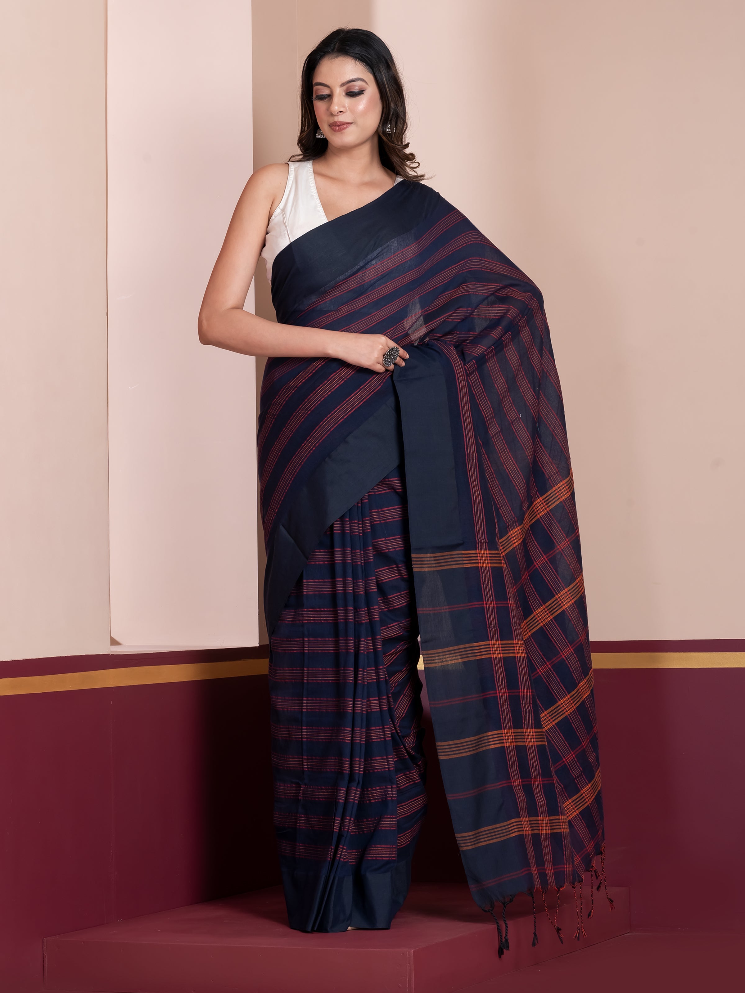 Blue striped khaadi cotton saree with breathable fabric by Shop AaMe
