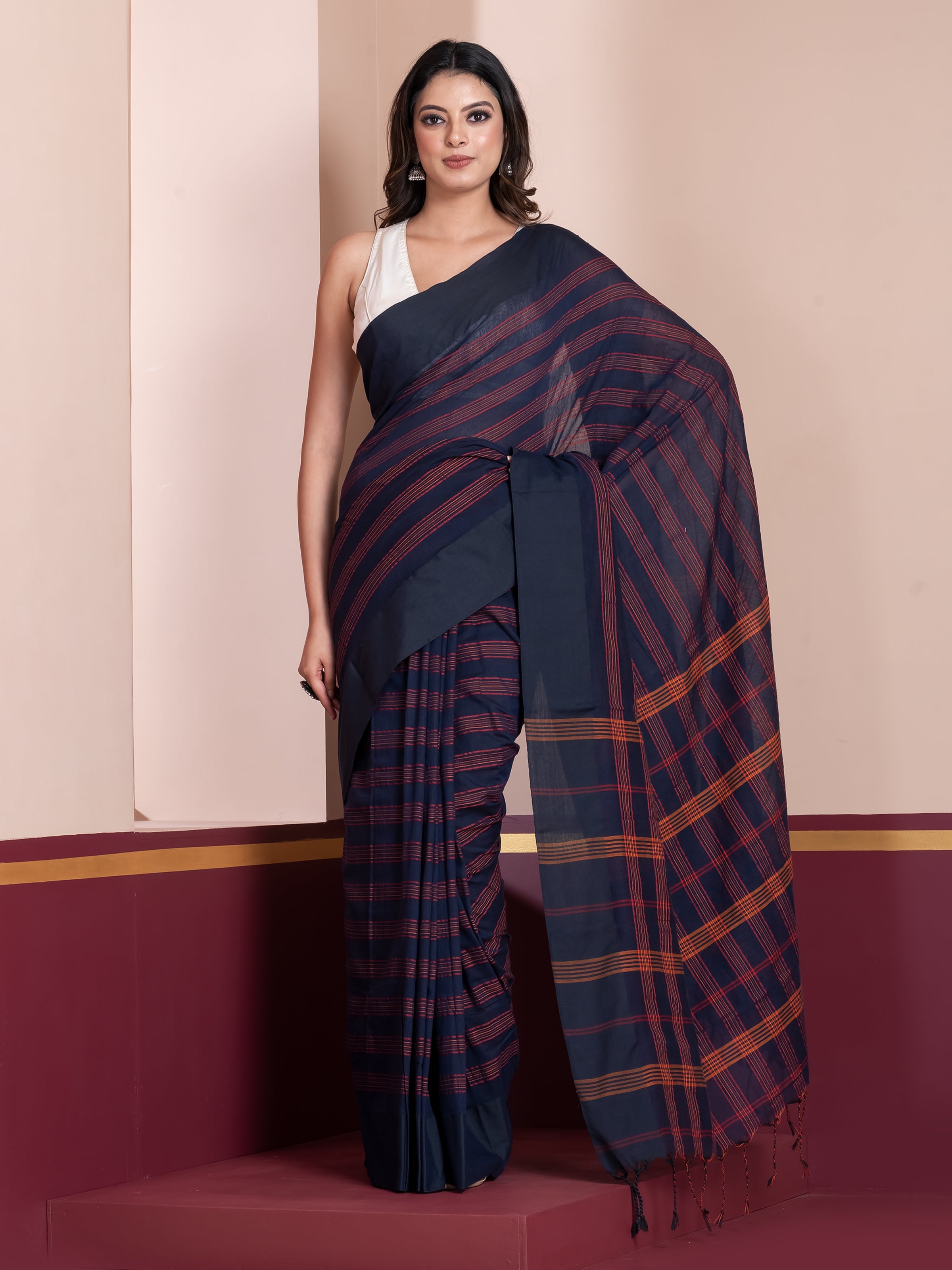 Indigo Hour khaadi cotton saree featuring elegant stripe detailing