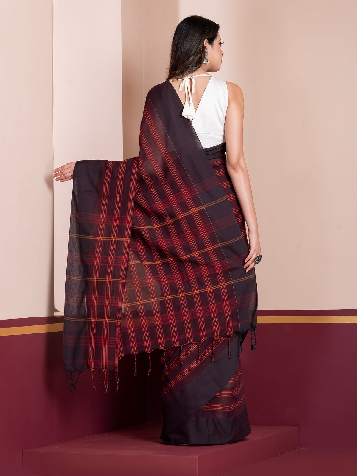 Shop AaMe Clay Echo saree in cocoa striped khaadi cotton