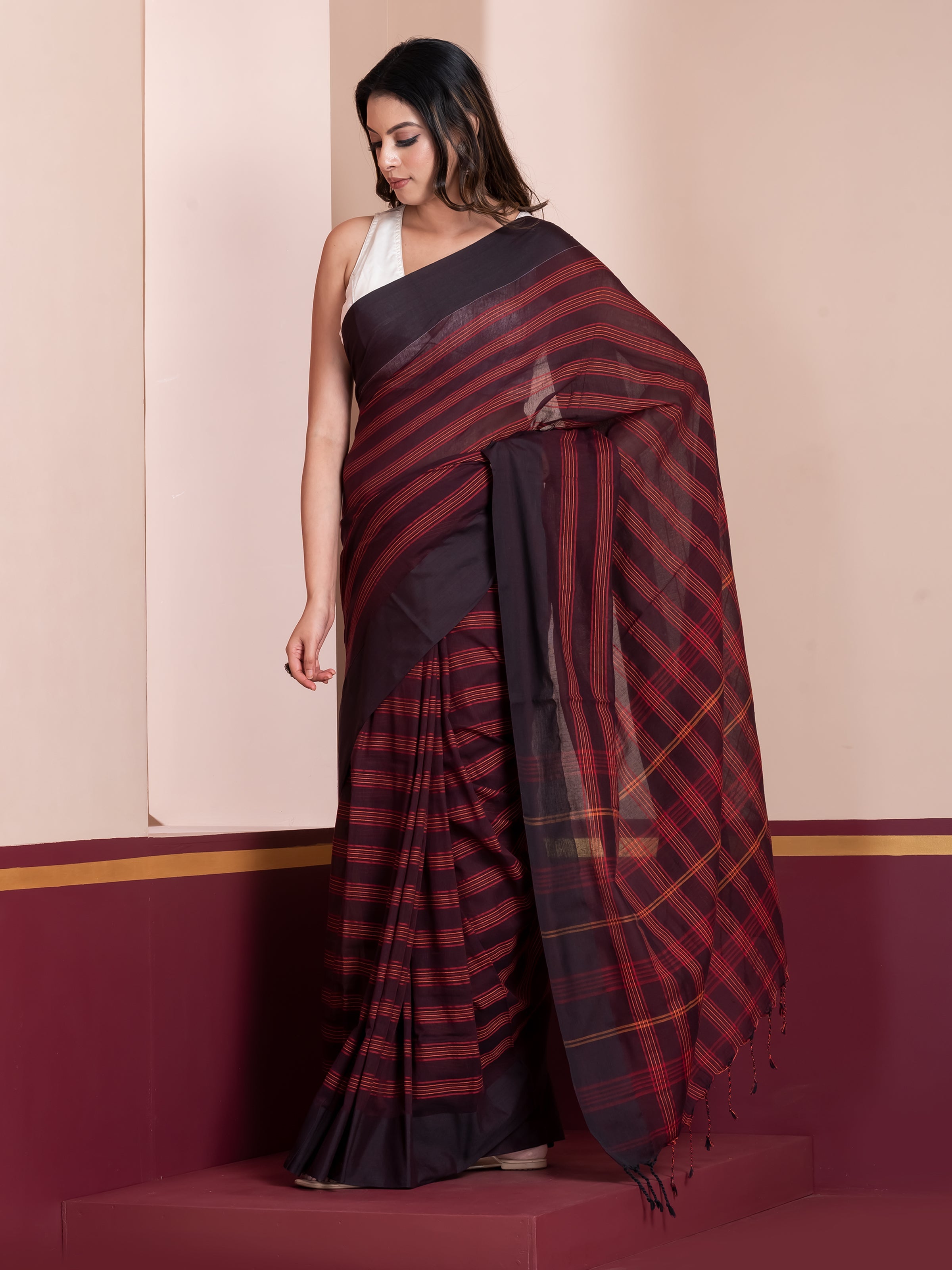 Clay Echo Cocoa Striped Khaadi Cotton Saree by Shop AaMe